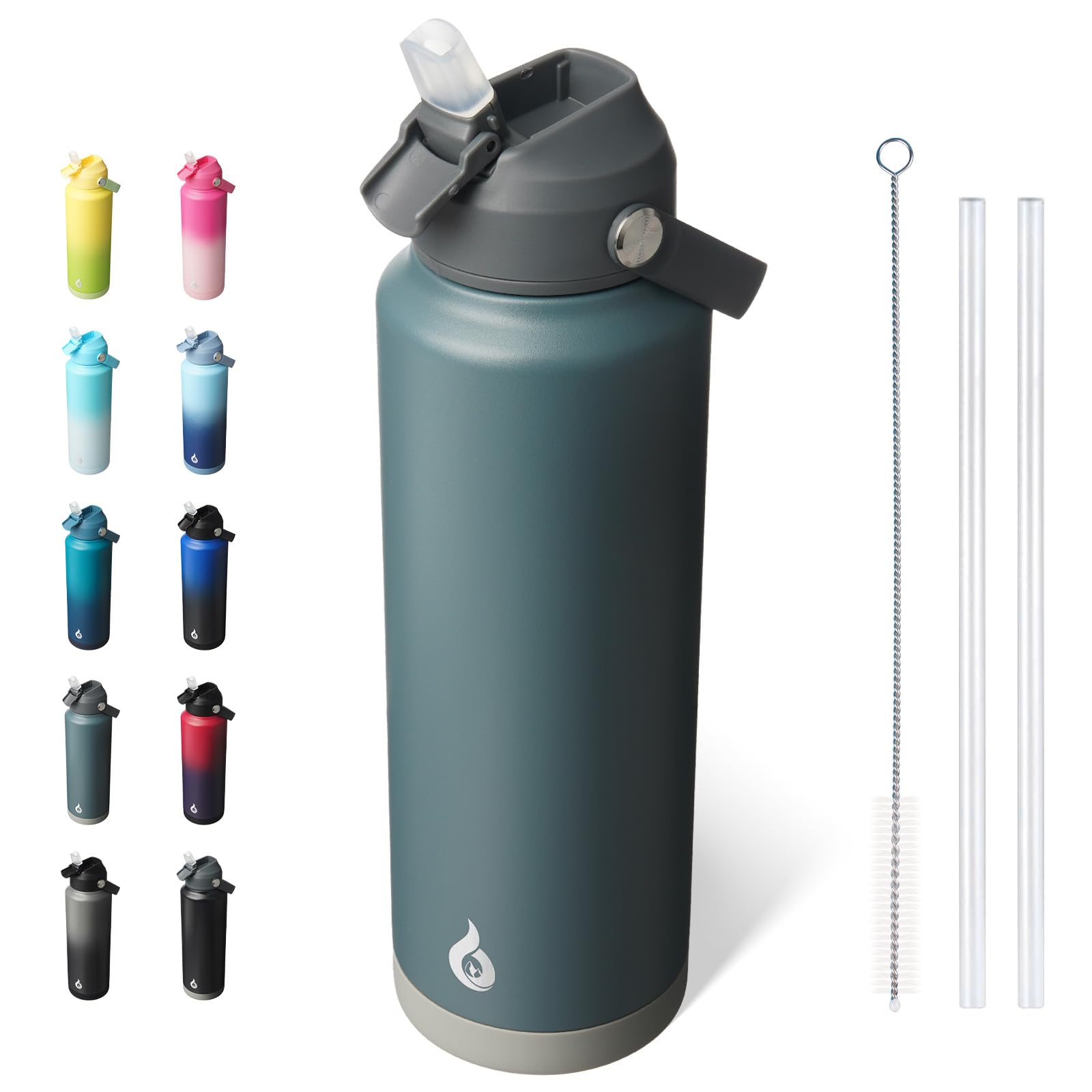 BJPKPK Insulated Water Bottle with Straw Lid, 18oz Thermo Water Bottles, Flex Handle & Non-slip Boot, BPA Free Leak Proof Stainless Steel Metal Thermo, Tumblers, Cups,Black Blue