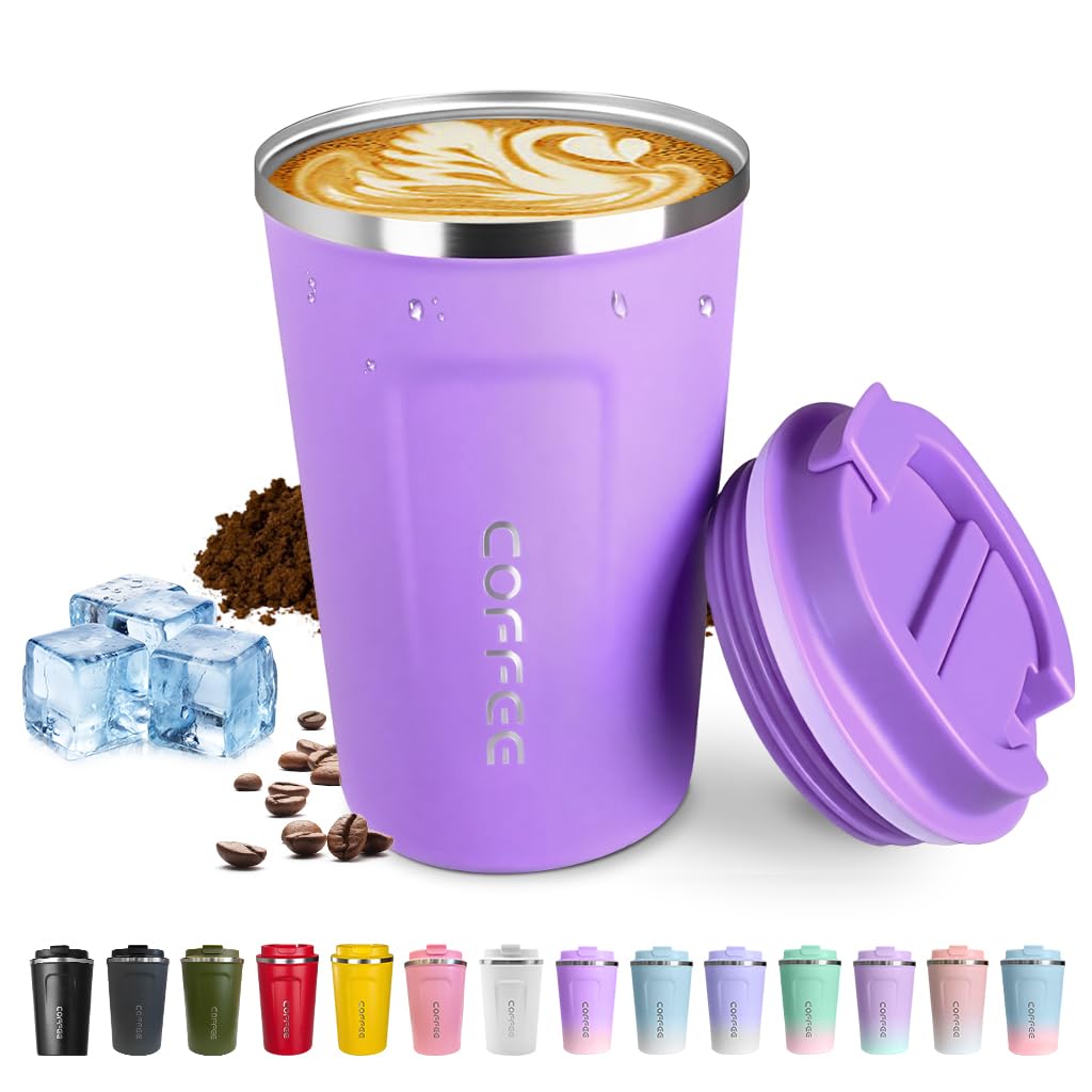 Travel coffee mugs leak-proof, reusable coffee cups with lids, stainless steel vacuum insulated coffee tumblers, thermal insulation cups for men & women keep drinks hot & cold(2nd-Green, 12OZ)