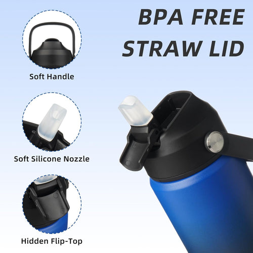 BJPKPK Insulated Water Bottle with Straw Lid, 18oz Thermo Water Bottles, Flex Handle & Non-slip Boot, BPA Free Leak Proof Stainless Steel Metal Thermo, Tumblers, Cups,Black Blue
