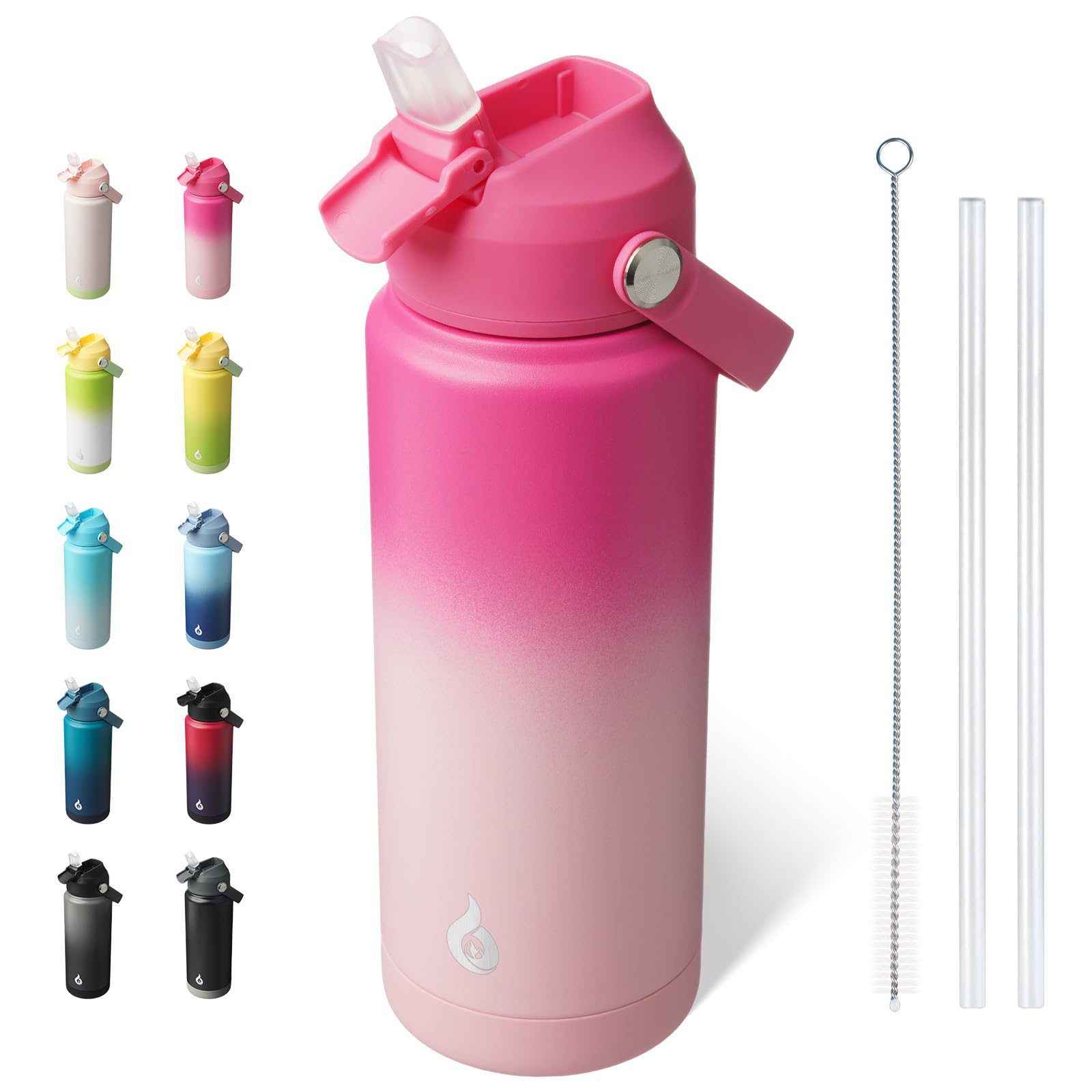 BJPKPK Insulated Water Bottle with Straw Lid, 18oz Thermo Water Bottles, Flex Handle & Non-slip Boot, BPA Free Leak Proof Stainless Steel Metal Thermo, Tumblers, Cups,Black Blue