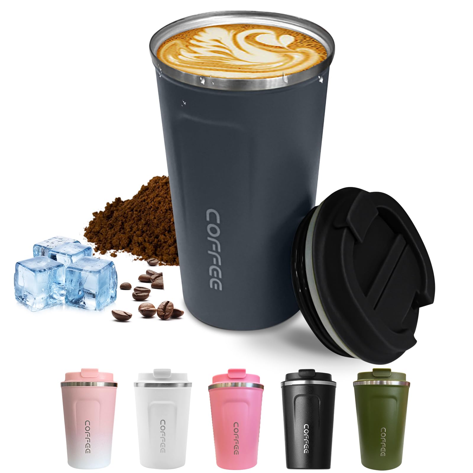 Travel coffee mugs leak-proof, reusable coffee cups with lids, stainless steel vacuum insulated coffee tumblers, thermal insulation cups for men & women keep drinks hot & cold(2nd-Green, 12OZ)