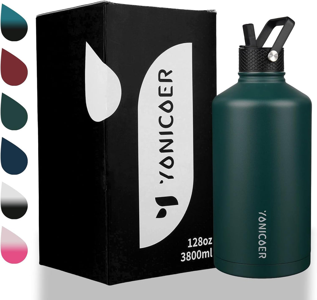Insulated Water Bottle 128oz,Triple Wall Vacuum Stainless Steel(Dishwasher Safe),Leak Proof & Non-BPA,Flask Jug with Paracord Handle & Straw Spout Lids Sports Green