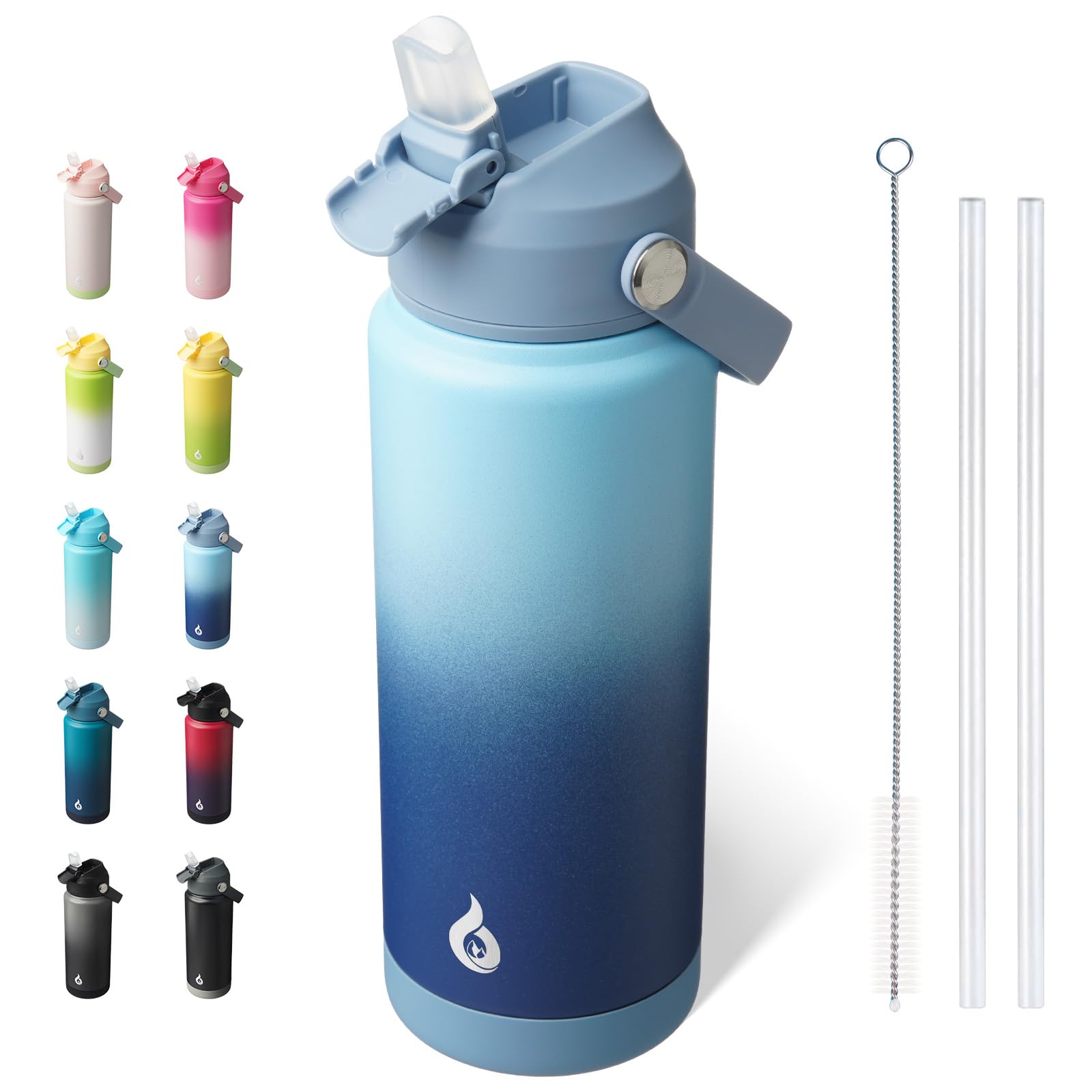 BJPKPK Insulated Water Bottle with Straw Lid, 18oz Thermo Water Bottles, Flex Handle & Non-slip Boot, BPA Free Leak Proof Stainless Steel Metal Thermo, Tumblers, Cups,Black Blue