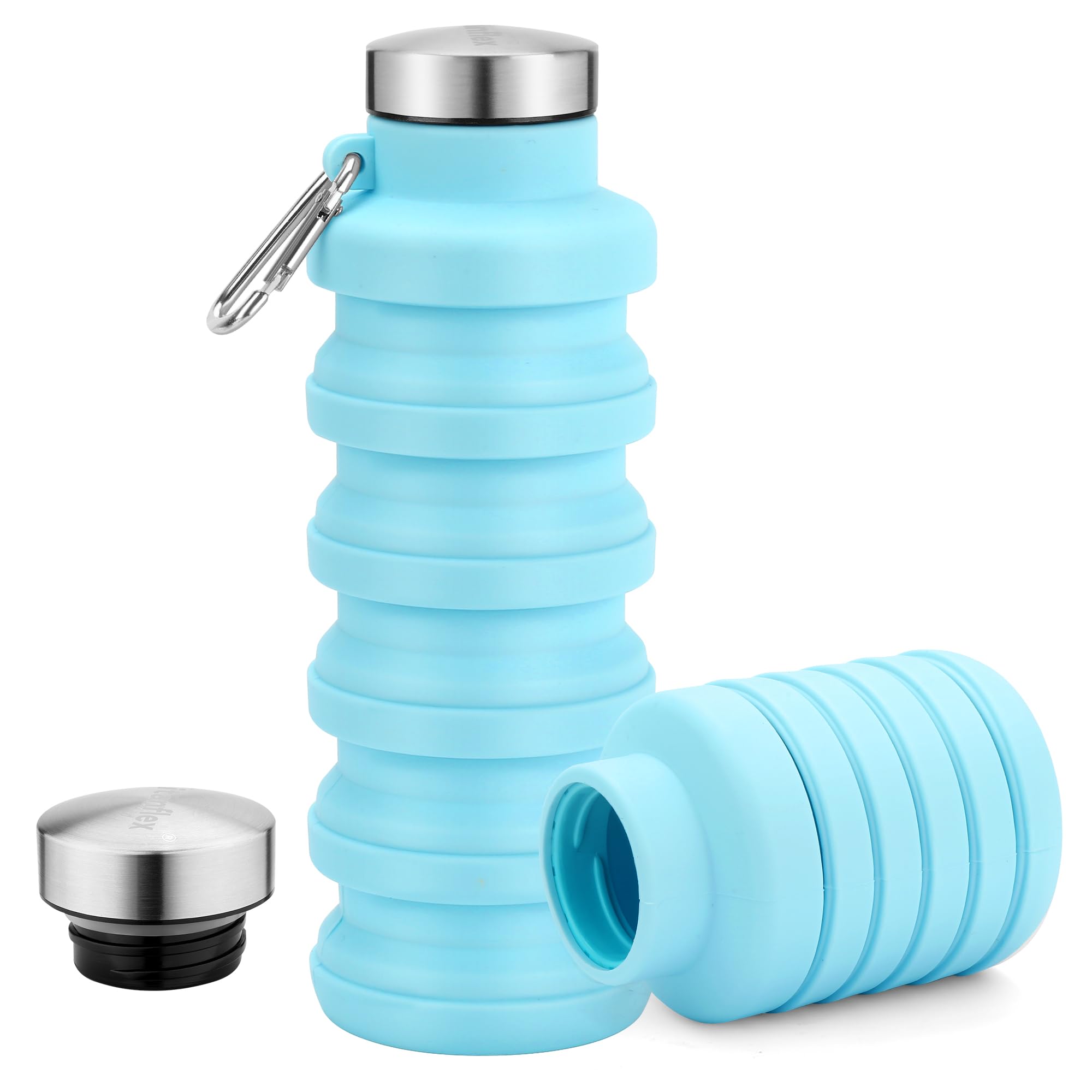 Collapsible Water Bottles 17oz, Portable Leak-Proof Travel Water Bottle, Reusable BPA Free Silicone Foldable Water Bottle with Carabiner for Gym, Traveling, Camping, Hiking, Sports(Black+Blue)
