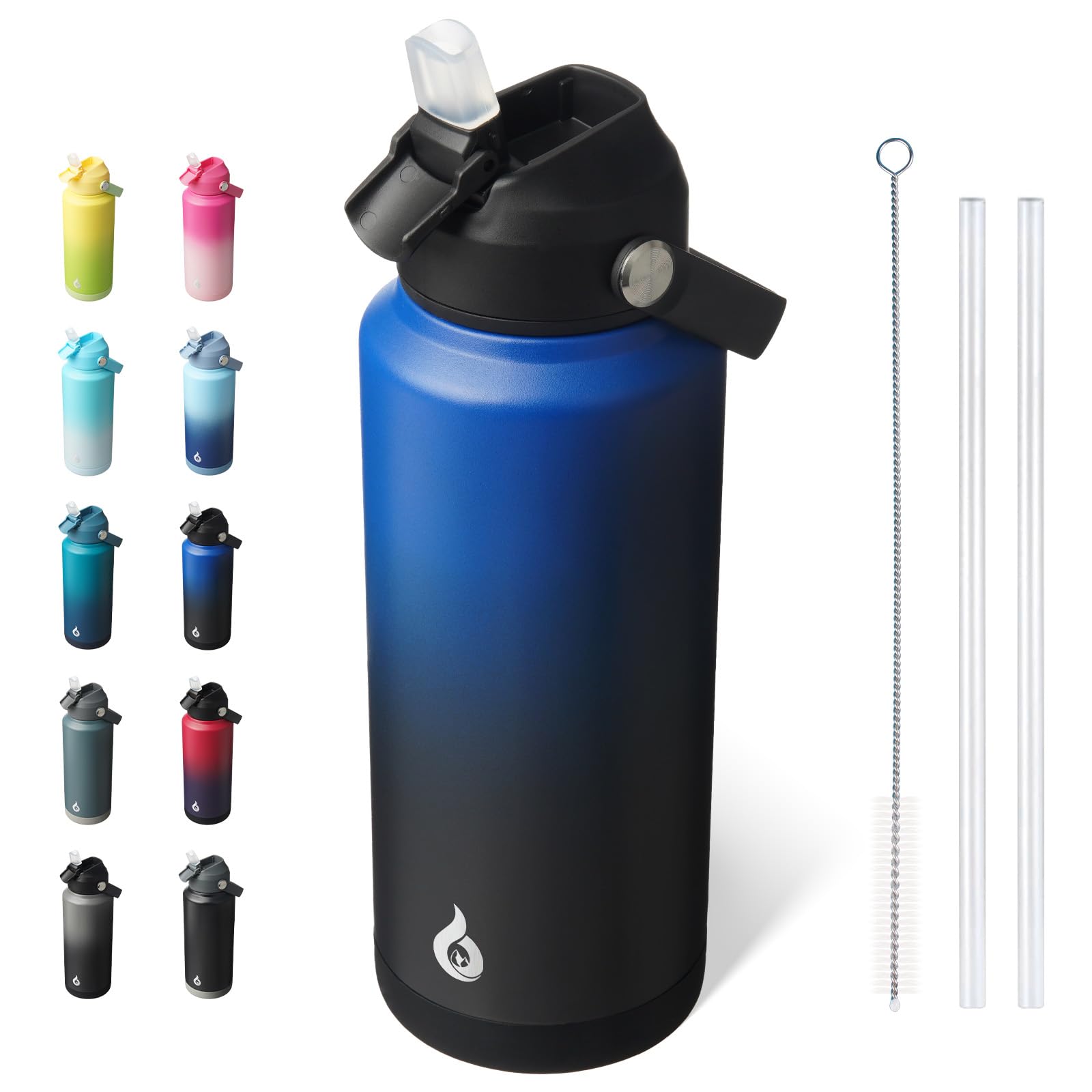 BJPKPK Insulated Water Bottle with Straw Lid, 18oz Thermo Water Bottles, Flex Handle & Non-slip Boot, BPA Free Leak Proof Stainless Steel Metal Thermo, Tumblers, Cups,Black Blue