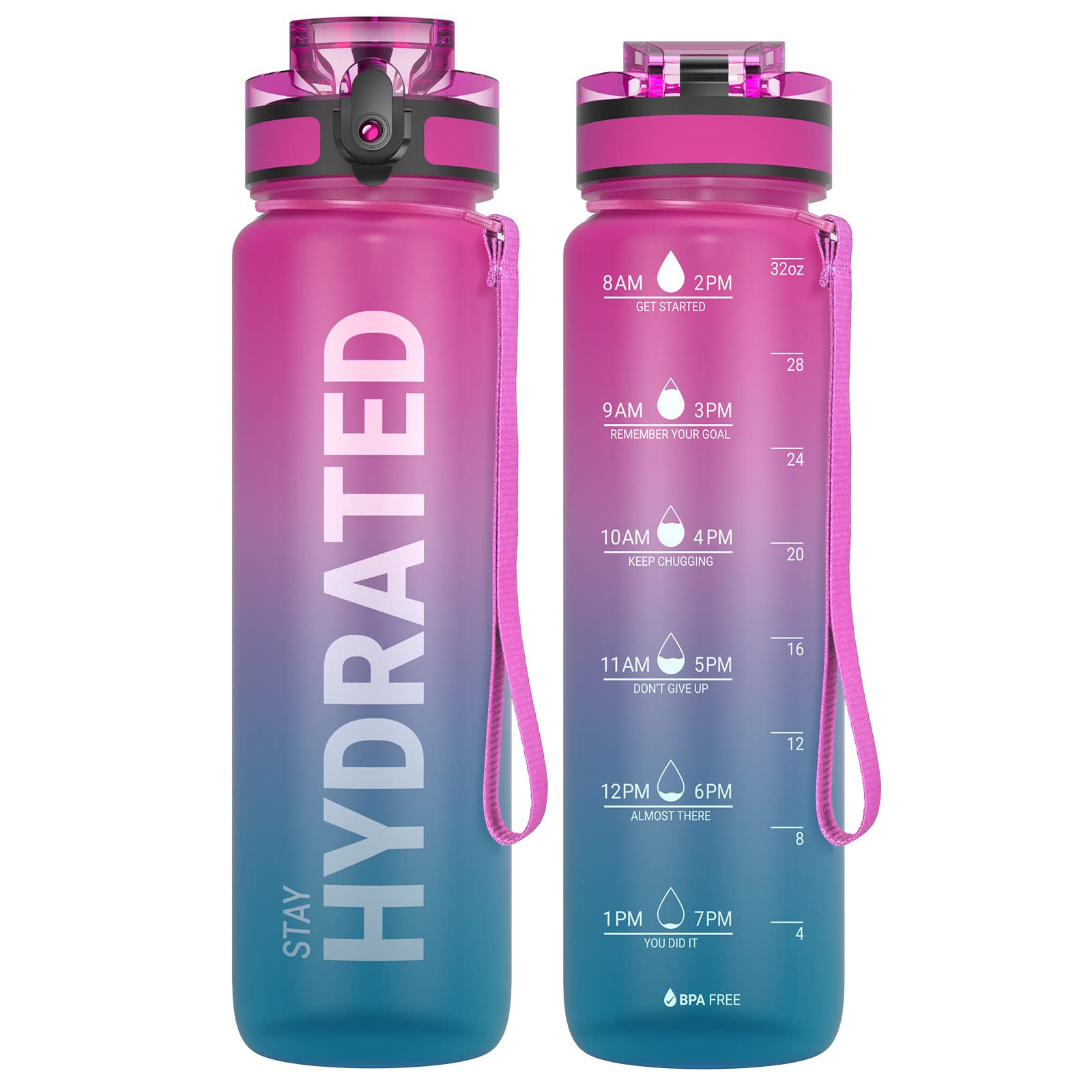 Sahara Sailor Water Bottle 32oz, Durable and Leakproof Water Bottles Motivational with Time Marker, Tritan, BPA Free, Wide Mouth with Easy Clean Brush for Gym, Travel, Home, School, Office (1 Bottle)