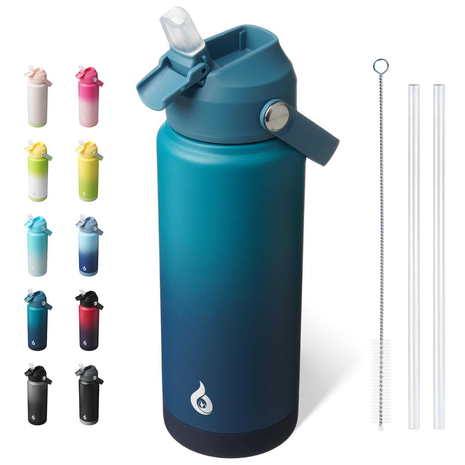 BJPKPK Insulated Water Bottle with Straw Lid, 18oz Thermo Water Bottles, Flex Handle & Non-slip Boot, BPA Free Leak Proof Stainless Steel Metal Thermo, Tumblers, Cups,Black Blue