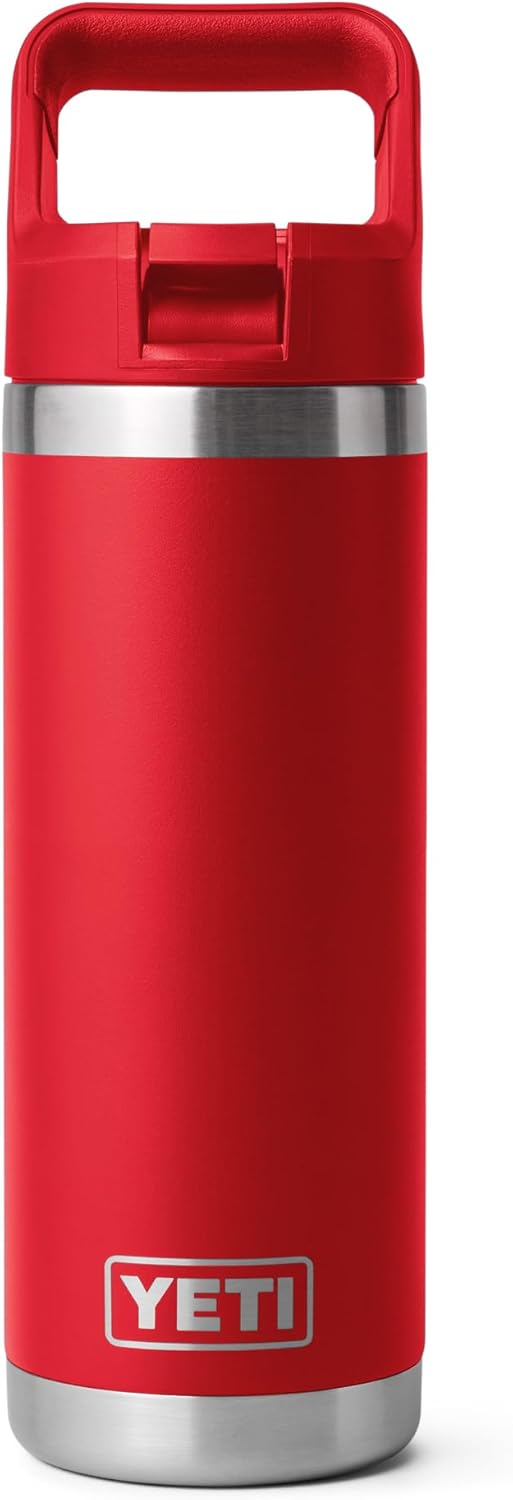 YETI Rambler 18 oz Bottle, Vacuum Insulated, Stainless Steel with Color Matching Straw Cap, Rescue Red
