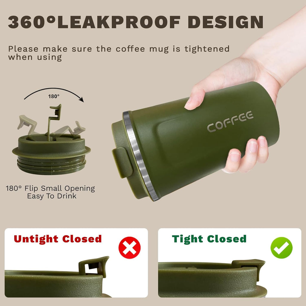 Travel coffee mugs leak-proof, reusable coffee cups with lids, stainless steel vacuum insulated coffee tumblers, thermal insulation cups for men & women keep drinks hot & cold(2nd-Green, 12OZ)
