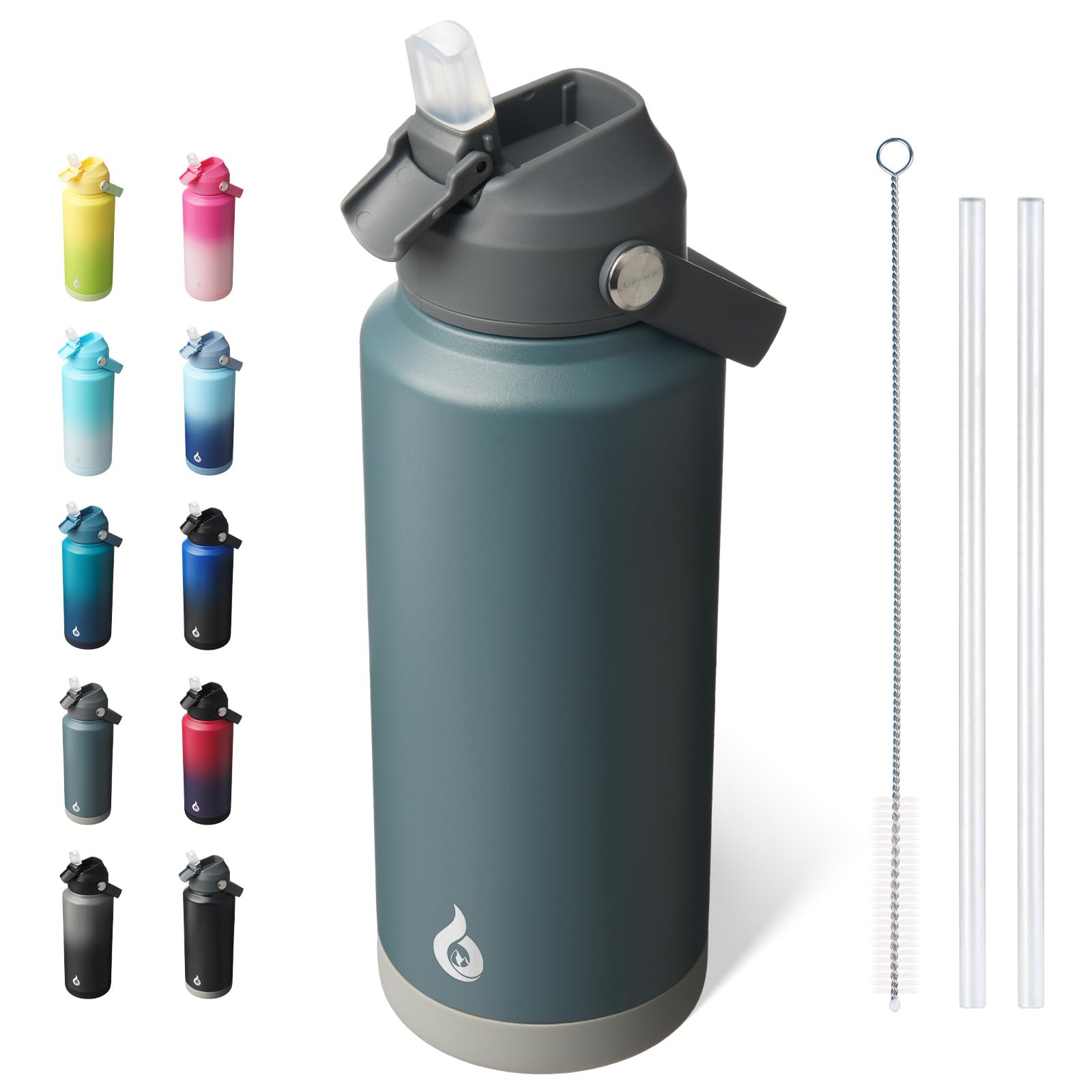 BJPKPK Insulated Water Bottle with Straw Lid, 18oz Thermo Water Bottles, Flex Handle & Non-slip Boot, BPA Free Leak Proof Stainless Steel Metal Thermo, Tumblers, Cups,Black Blue