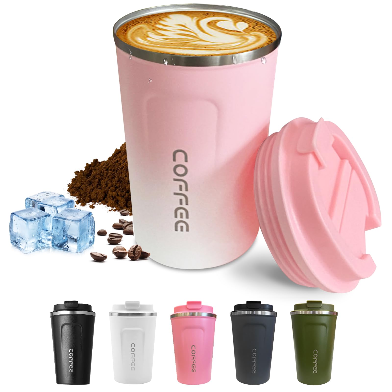 Travel coffee mugs leak-proof, reusable coffee cups with lids, stainless steel vacuum insulated coffee tumblers, thermal insulation cups for men & women keep drinks hot & cold(2nd-Green, 12OZ)