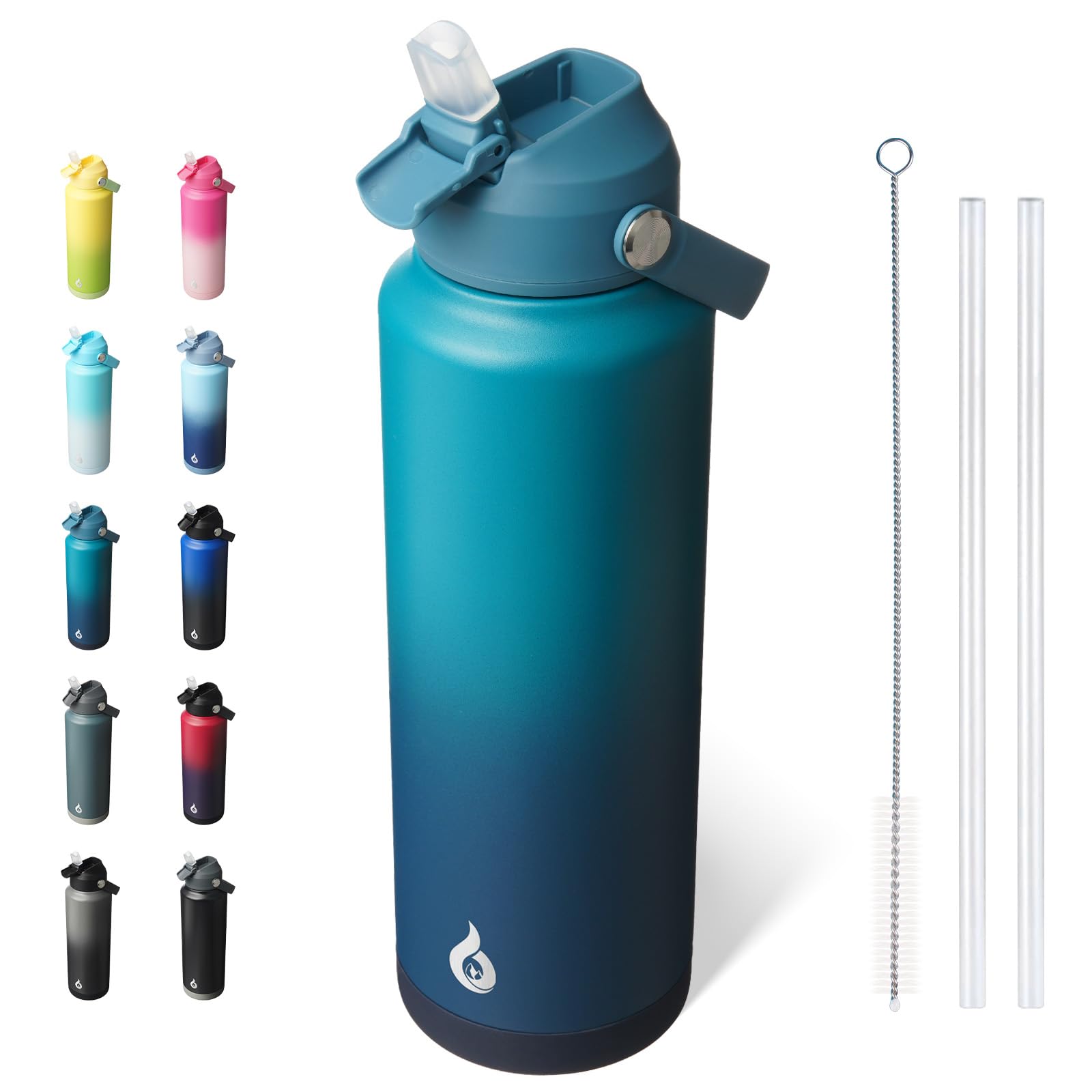 BJPKPK Insulated Water Bottle with Straw Lid, 18oz Thermo Water Bottles, Flex Handle & Non-slip Boot, BPA Free Leak Proof Stainless Steel Metal Thermo, Tumblers, Cups,Black Blue