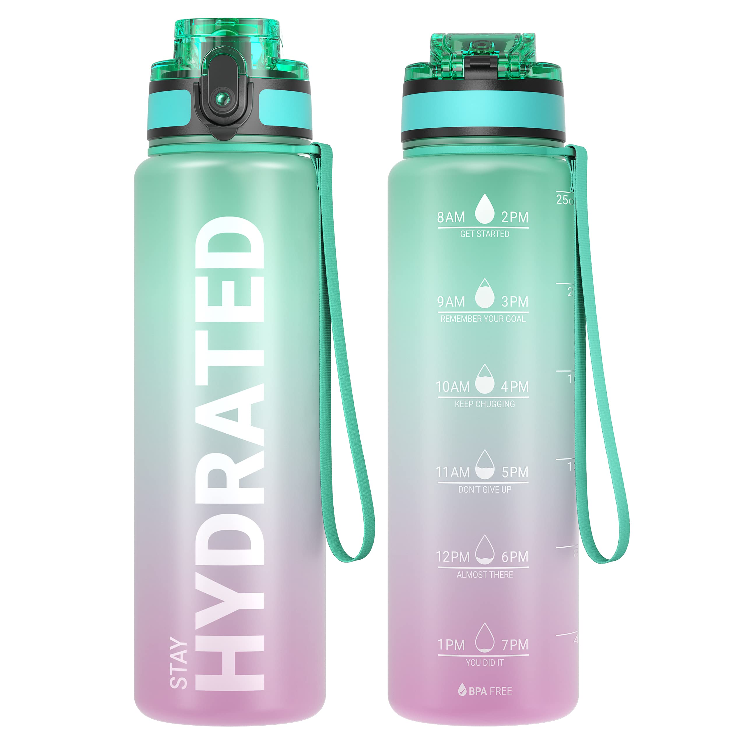 Sahara Sailor Water Bottle 32oz, Durable and Leakproof Water Bottles Motivational with Time Marker, Tritan, BPA Free, Wide Mouth with Easy Clean Brush for Gym, Travel, Home, School, Office (1 Bottle)