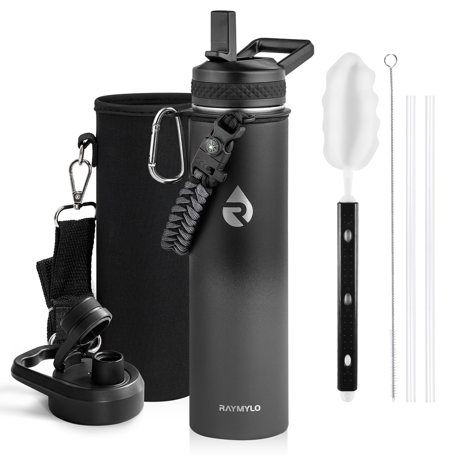 Insulated Water Bottle 64 oz, Triple Wall Vacuum Stainless Steel (Cold for 48 Hrs), Leak Proof & Non-BPA, Half Gallon Water Flask Jug with Paracord Handle & Straw Spout Lids