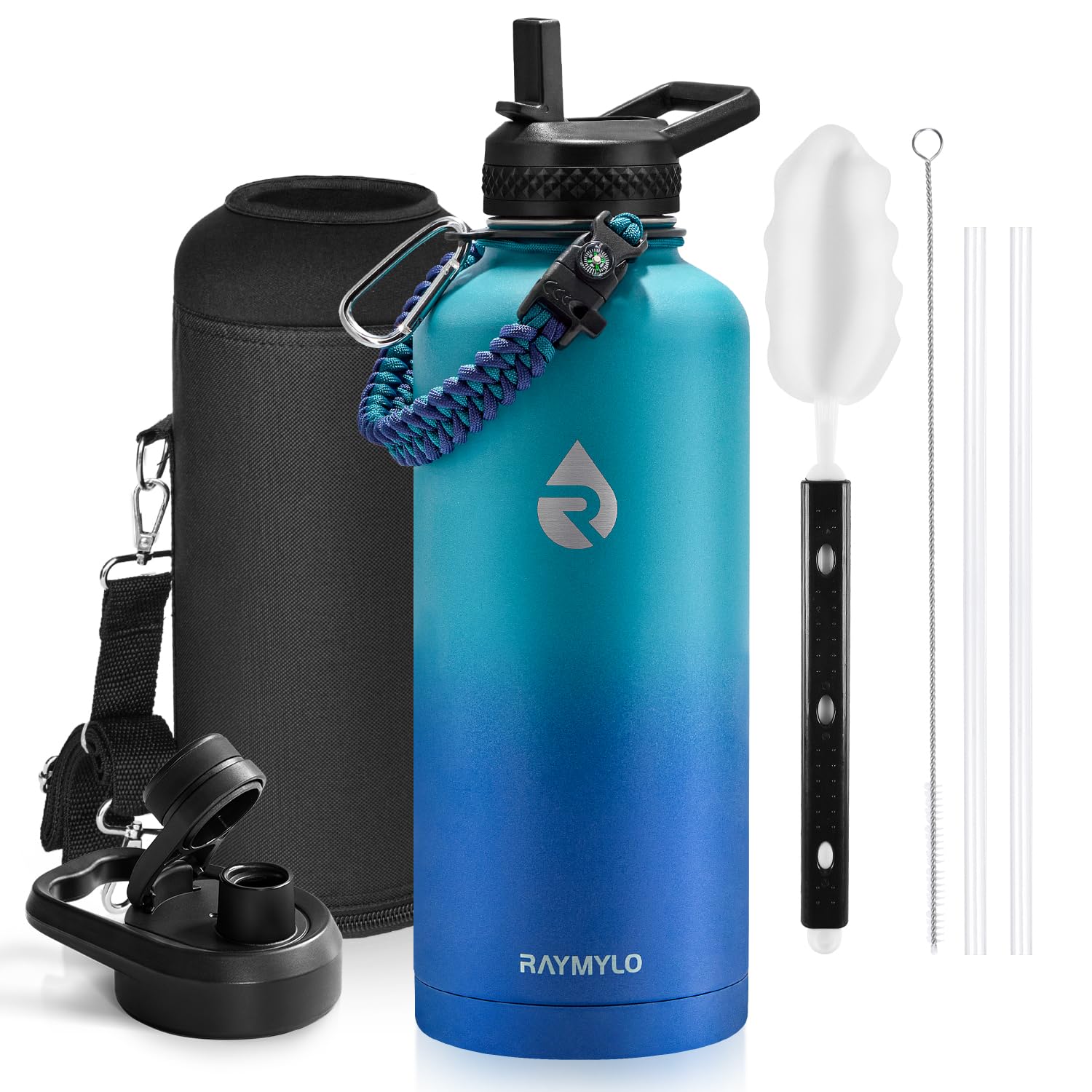 Insulated Water Bottle 64 oz, Triple Wall Vacuum Stainless Steel (Cold for 48 Hrs), Leak Proof & Non-BPA, Half Gallon Water Flask Jug with Paracord Handle & Straw Spout Lids