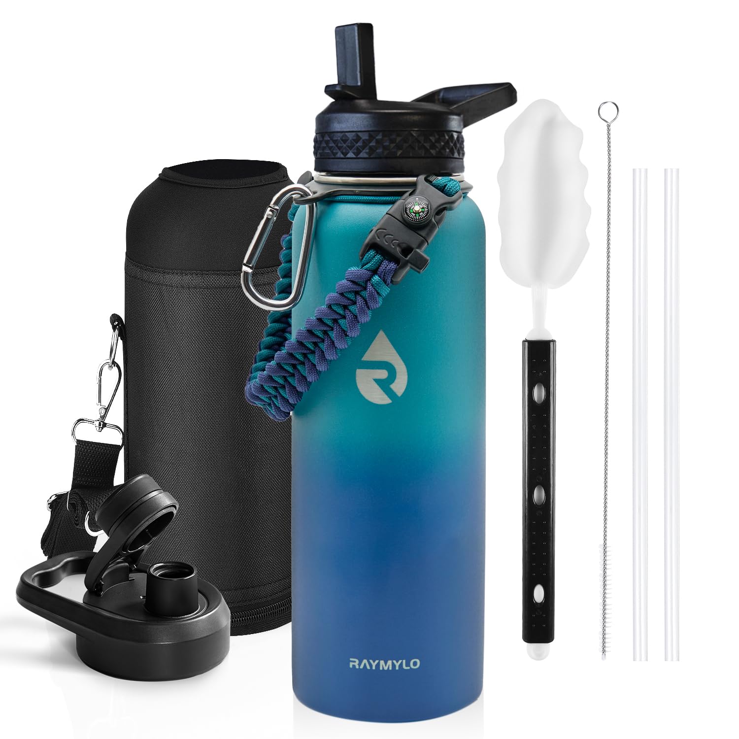 Insulated Water Bottle 64 oz, Triple Wall Vacuum Stainless Steel (Cold for 48 Hrs), Leak Proof & Non-BPA, Half Gallon Water Flask Jug with Paracord Handle & Straw Spout Lids