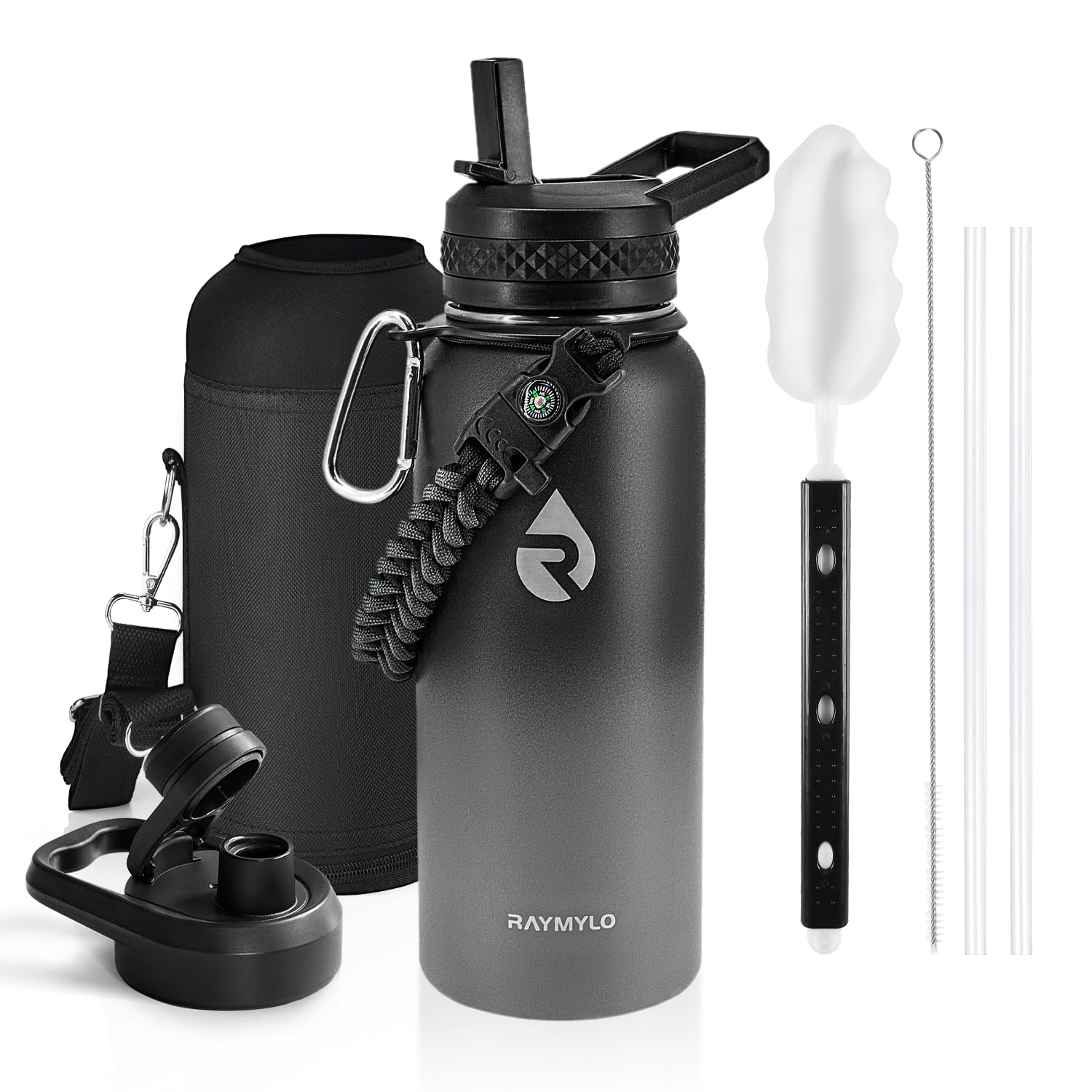 Insulated Water Bottle 64 oz, Triple Wall Vacuum Stainless Steel (Cold for 48 Hrs), Leak Proof & Non-BPA, Half Gallon Water Flask Jug with Paracord Handle & Straw Spout Lids