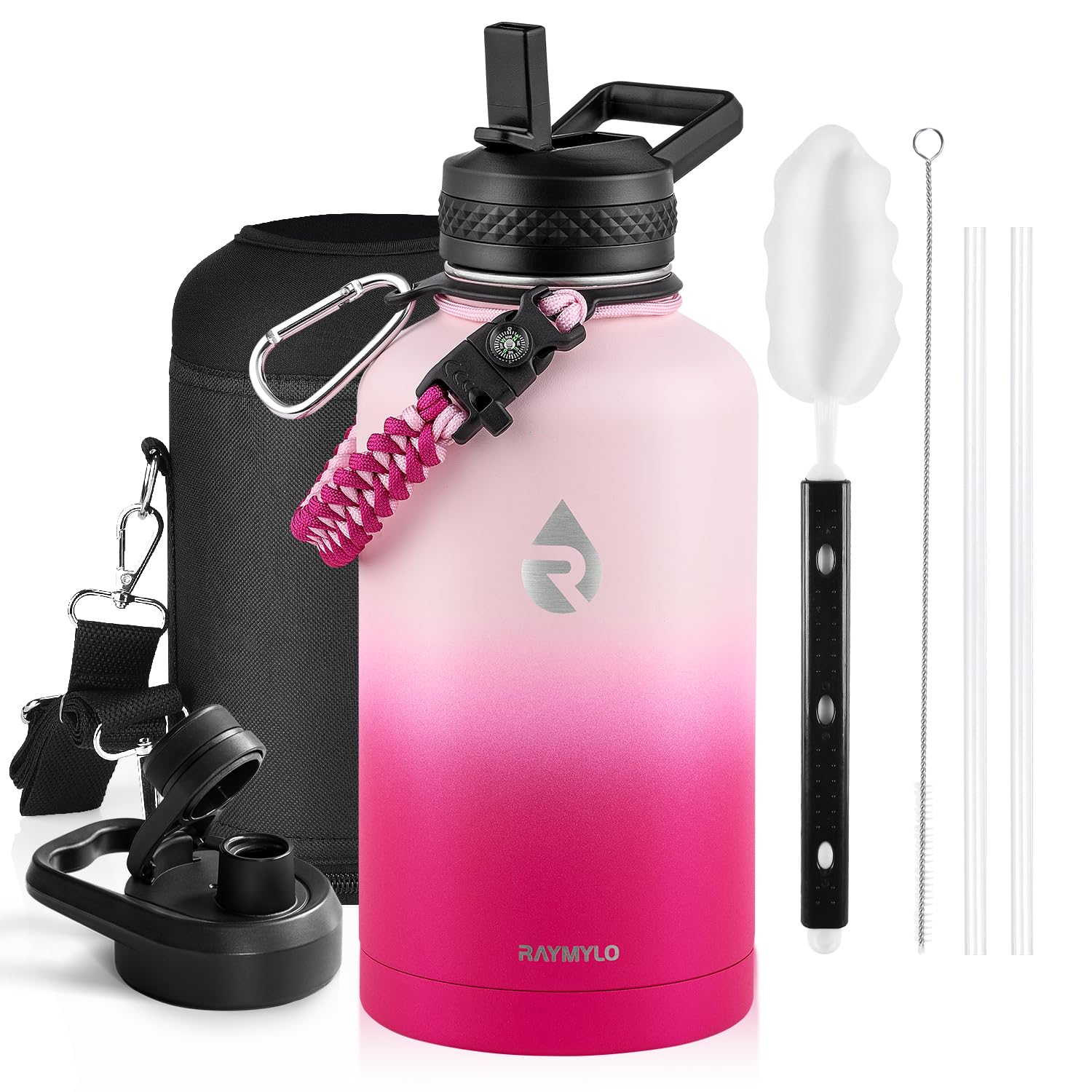 Insulated Water Bottle 64 oz, Triple Wall Vacuum Stainless Steel (Cold for 48 Hrs), Leak Proof & Non-BPA, Half Gallon Water Flask Jug with Paracord Handle & Straw Spout Lids