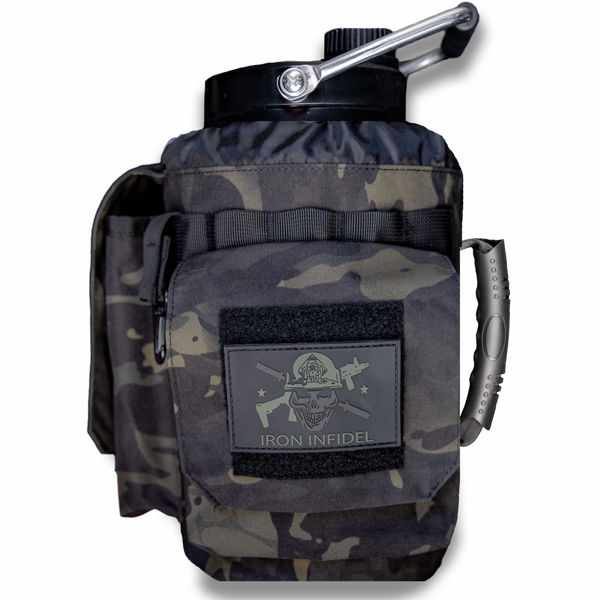 Iron Infidel Battle Bottle - One Gallon Insulated Water Bottle with Dual Carry Handles - 128 oz Tactical Stainless Steel Water Jug & Rugged Extra Large Sleeve With Storage (OCP Camo 128 Ounces)