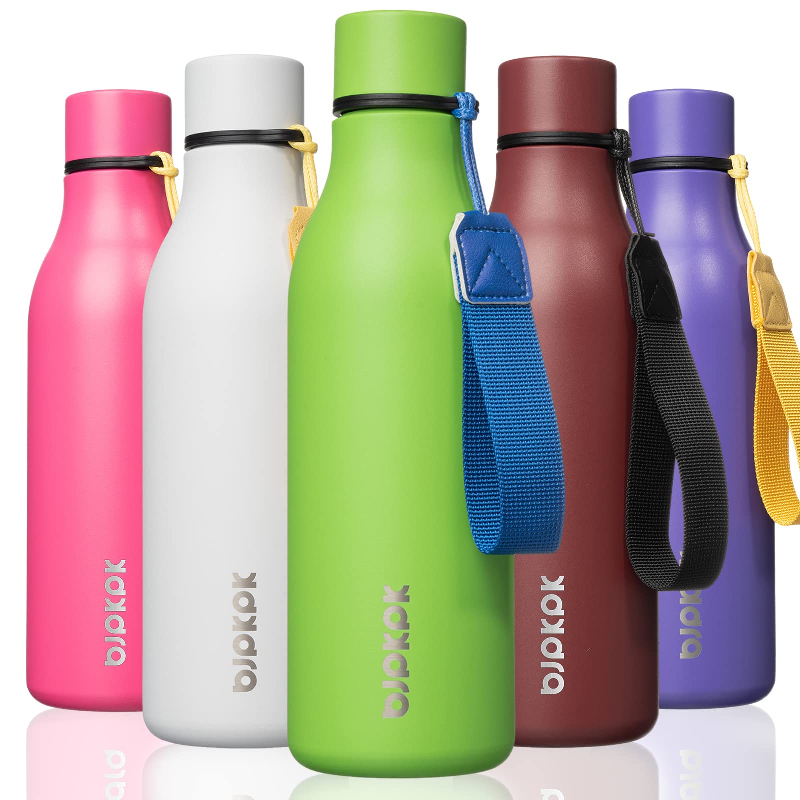 BJPKPK Insulated Water Bottles, 18 oz Stainless Steel Metal Water Bottle with Strap, BPA Free Leak Proof Jugs, Mugs, Flasks, Reusable Thermal Flasks for Sports& Travel, Blossom