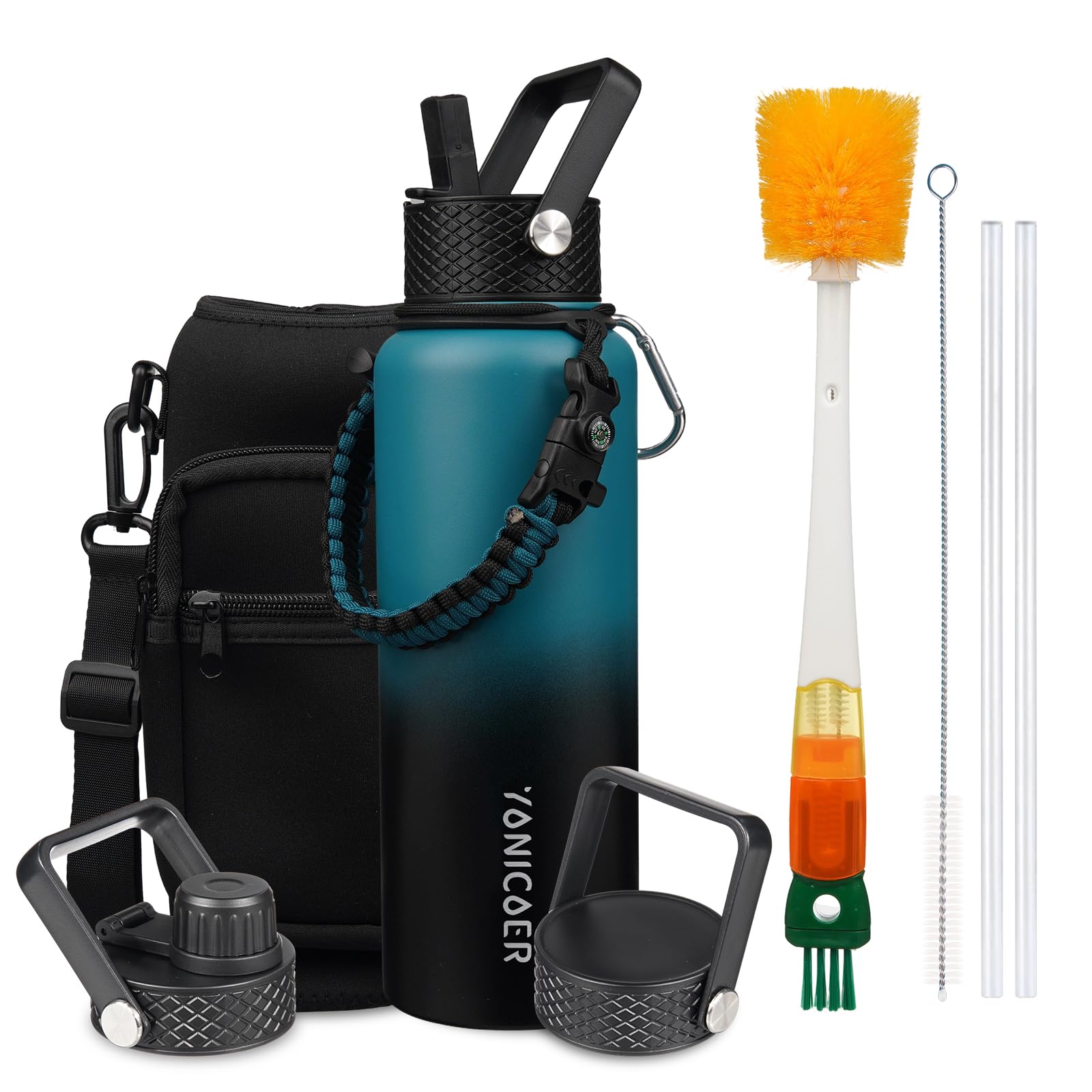 Insulated Water Bottle 128oz,Triple Wall Vacuum Stainless Steel(Dishwasher Safe),Leak Proof & Non-BPA,Flask Jug with Paracord Handle & Straw Spout Lids Sports Green