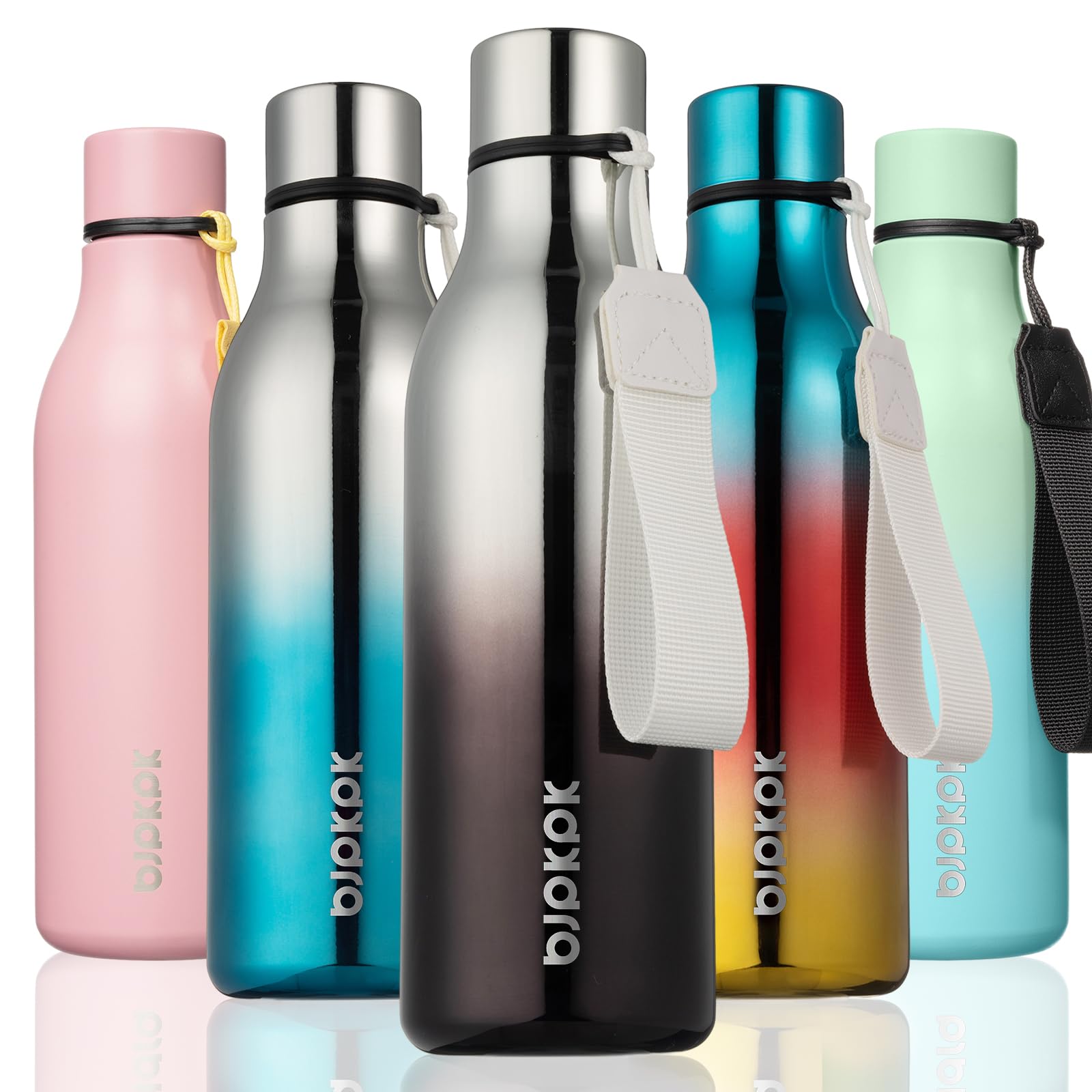 BJPKPK Insulated Water Bottles, 18 oz Stainless Steel Metal Water Bottle with Strap, BPA Free Leak Proof Jugs, Mugs, Flasks, Reusable Thermal Flasks for Sports& Travel, Blossom