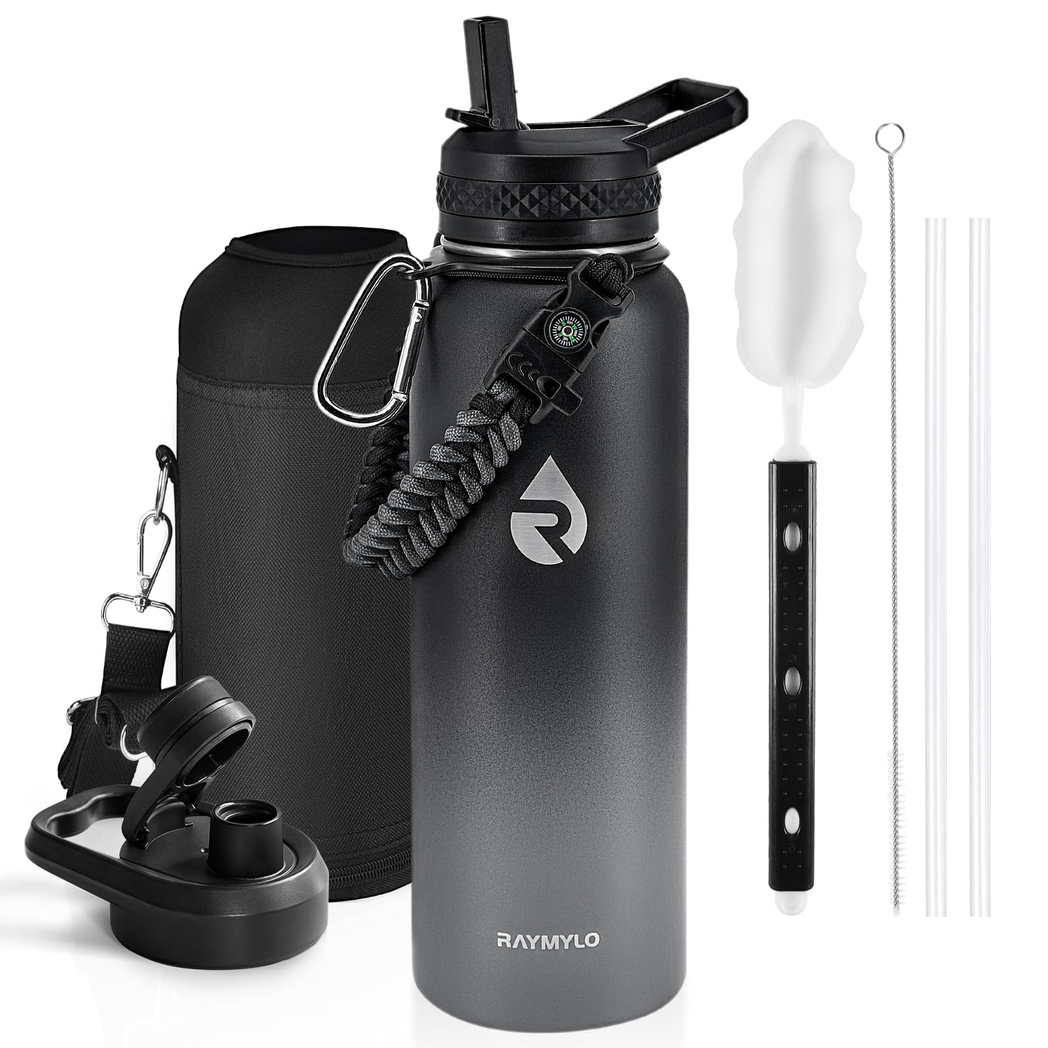 Insulated Water Bottle 64 oz, Triple Wall Vacuum Stainless Steel (Cold for 48 Hrs), Leak Proof & Non-BPA, Half Gallon Water Flask Jug with Paracord Handle & Straw Spout Lids