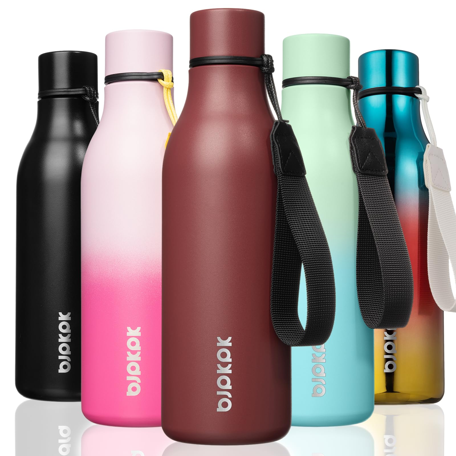 BJPKPK Insulated Water Bottles, 18 oz Stainless Steel Metal Water Bottle with Strap, BPA Free Leak Proof Jugs, Mugs, Flasks, Reusable Thermal Flasks for Sports& Travel, Blossom