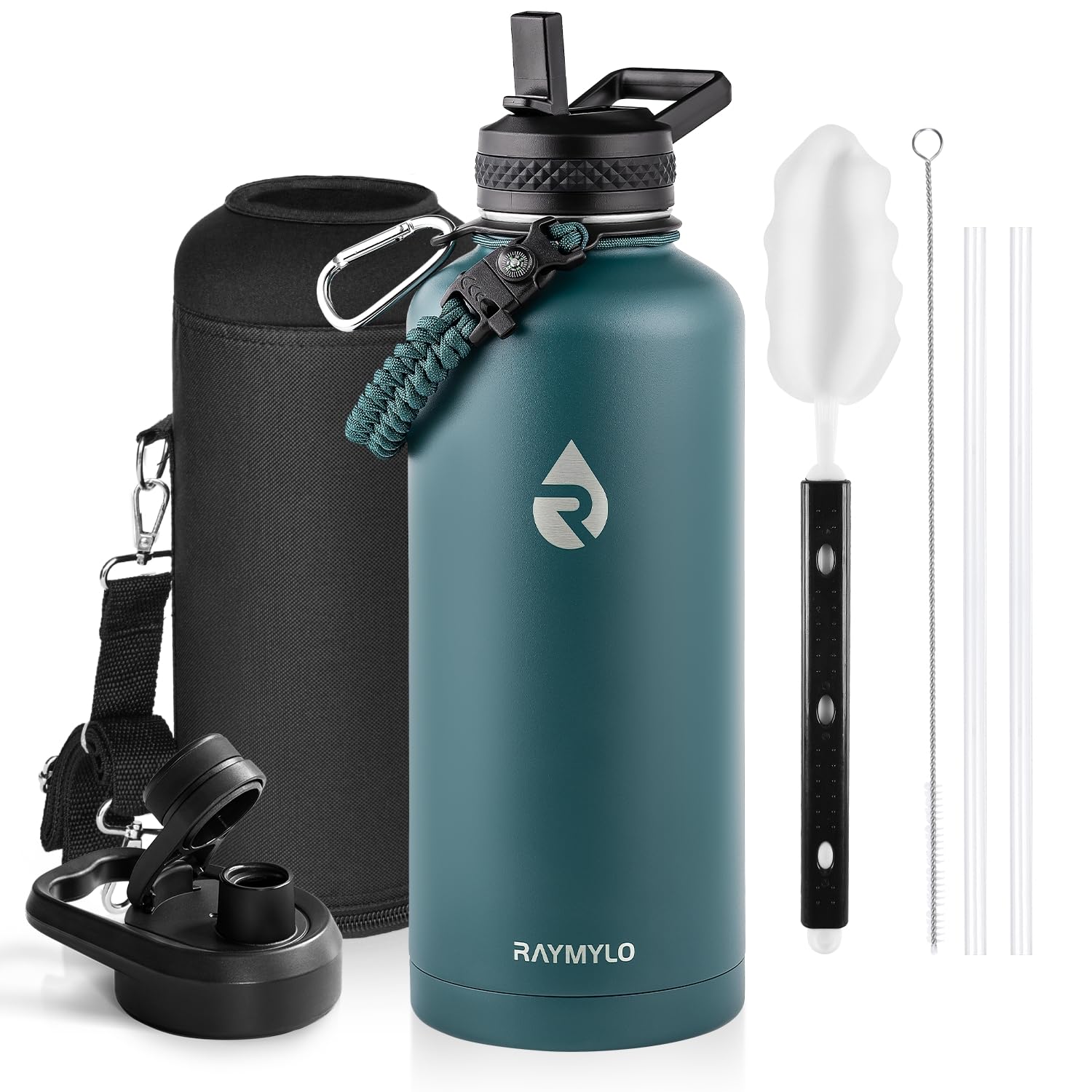 Insulated Water Bottle 64 oz, Triple Wall Vacuum Stainless Steel (Cold for 48 Hrs), Leak Proof & Non-BPA, Half Gallon Water Flask Jug with Paracord Handle & Straw Spout Lids
