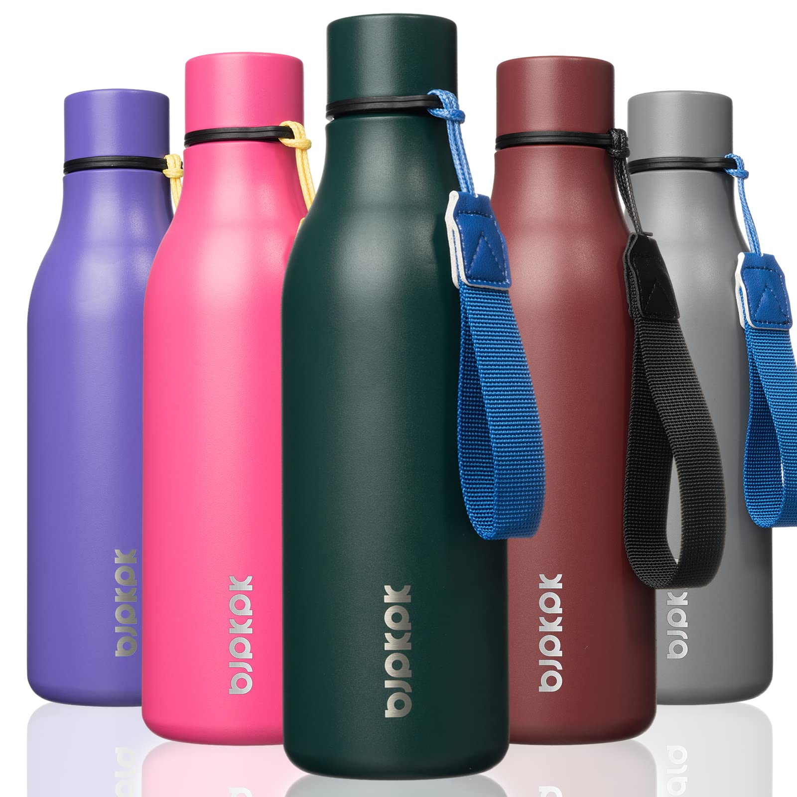 BJPKPK Insulated Water Bottles, 18 oz Stainless Steel Metal Water Bottle with Strap, BPA Free Leak Proof Jugs, Mugs, Flasks, Reusable Thermal Flasks for Sports& Travel, Blossom