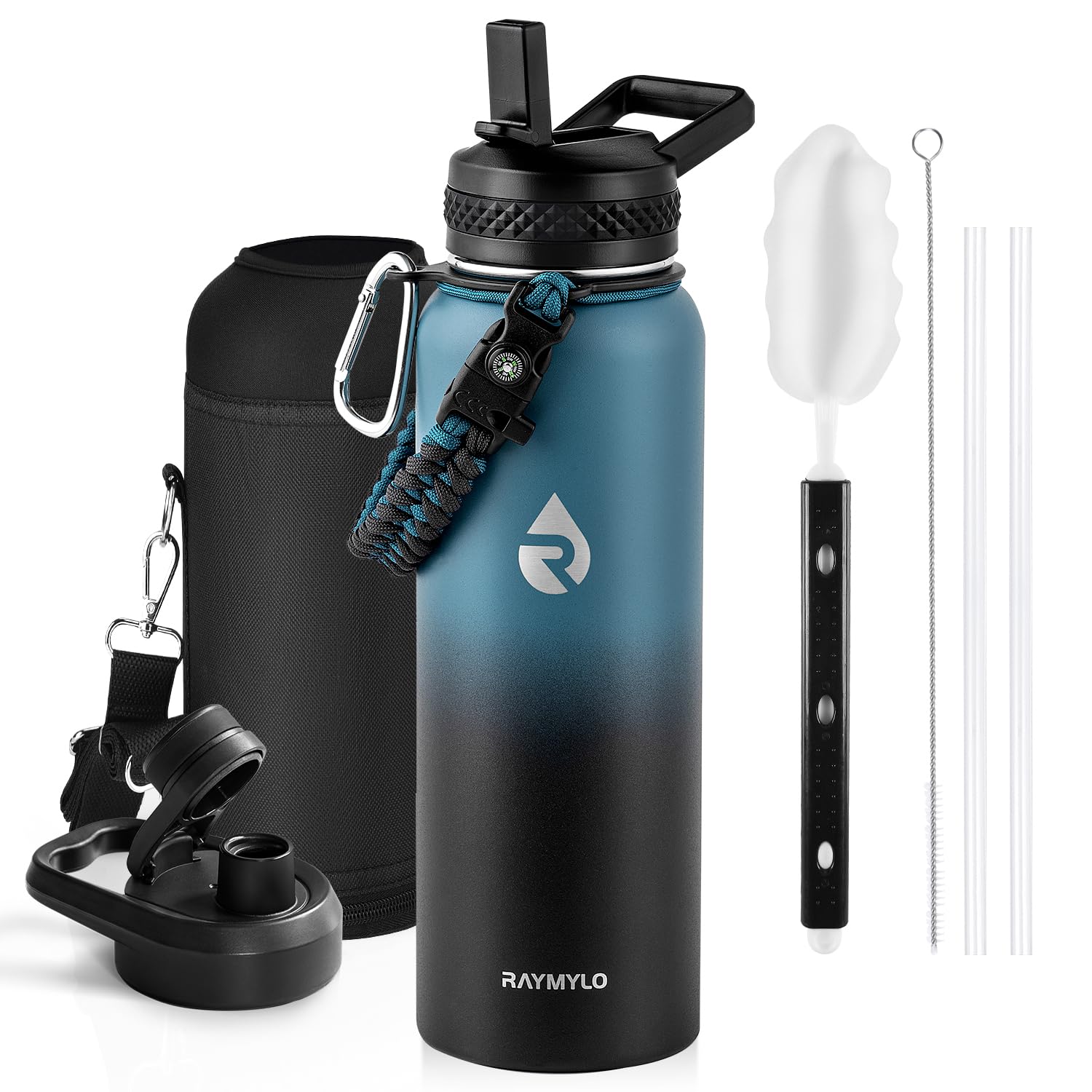 Insulated Water Bottle 64 oz, Triple Wall Vacuum Stainless Steel (Cold for 48 Hrs), Leak Proof & Non-BPA, Half Gallon Water Flask Jug with Paracord Handle & Straw Spout Lids