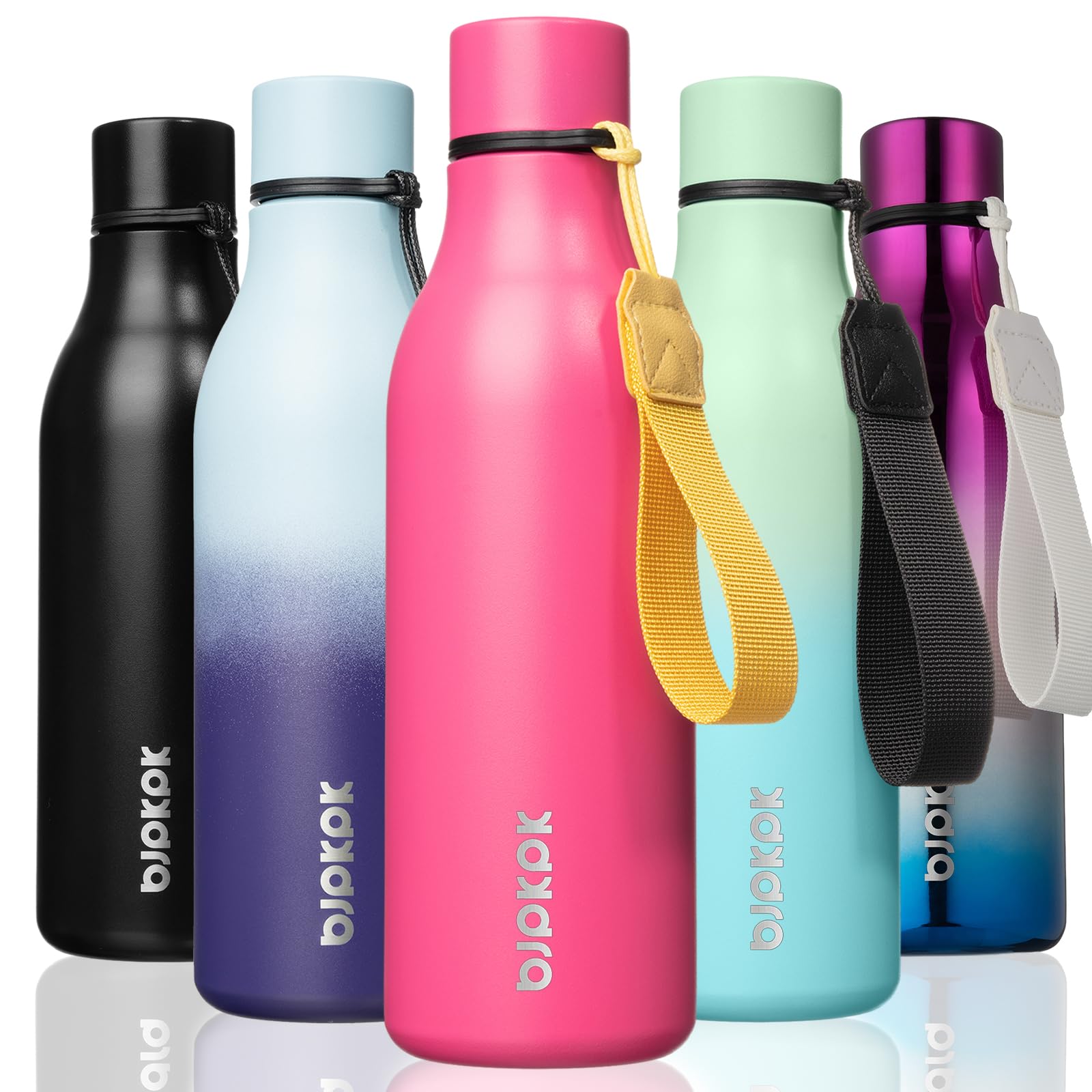 BJPKPK Insulated Water Bottles, 18 oz Stainless Steel Metal Water Bottle with Strap, BPA Free Leak Proof Jugs, Mugs, Flasks, Reusable Thermal Flasks for Sports& Travel, Blossom