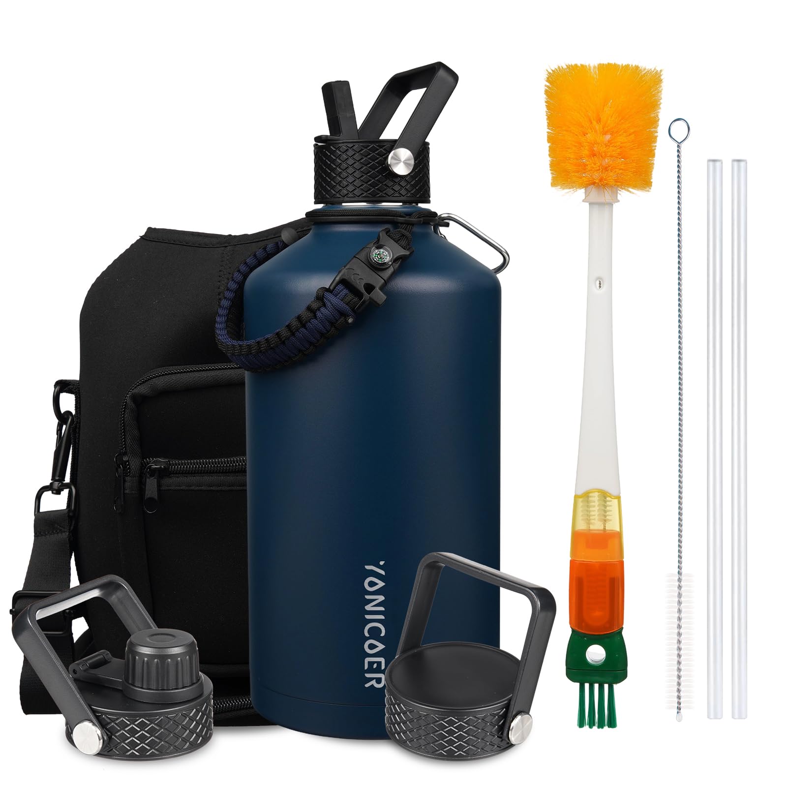 Insulated Water Bottle 128oz,Triple Wall Vacuum Stainless Steel(Dishwasher Safe),Leak Proof & Non-BPA,Flask Jug with Paracord Handle & Straw Spout Lids Sports Green