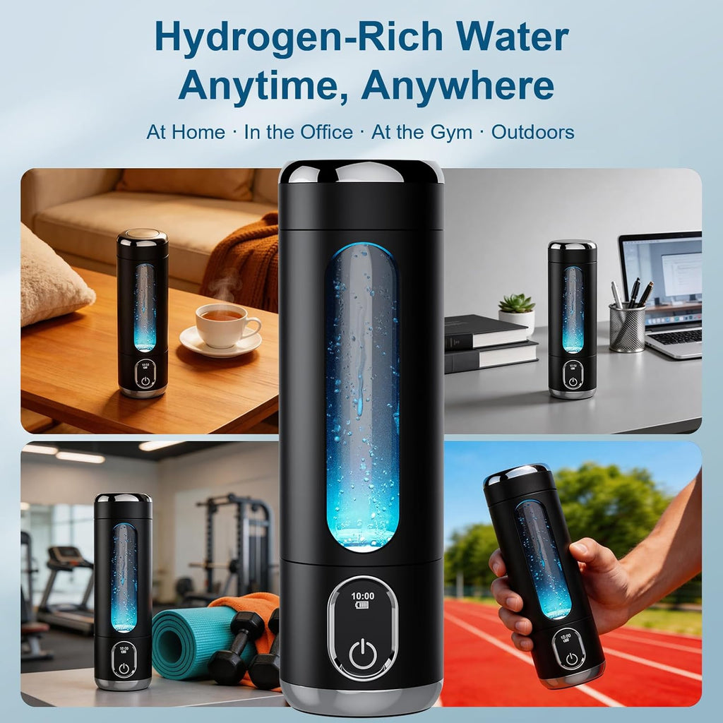 Portable Hydrogen Water Bottle Generator - Up to 6000 PPB H2 Molecular Hydrogen Infusion, SPE/PEM Technology Rechargeable Hydrogen Water Machine for Sports/Travel/Office/Gym - 8.8 oz (Black)