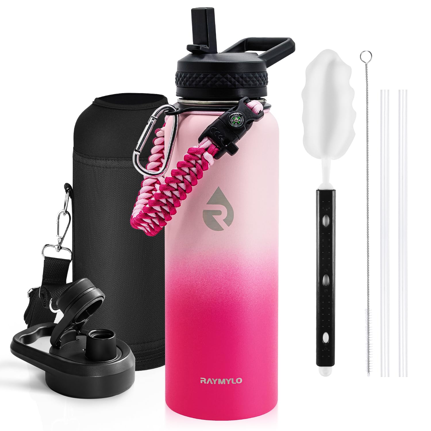Insulated Water Bottle 64 oz, Triple Wall Vacuum Stainless Steel (Cold for 48 Hrs), Leak Proof & Non-BPA, Half Gallon Water Flask Jug with Paracord Handle & Straw Spout Lids