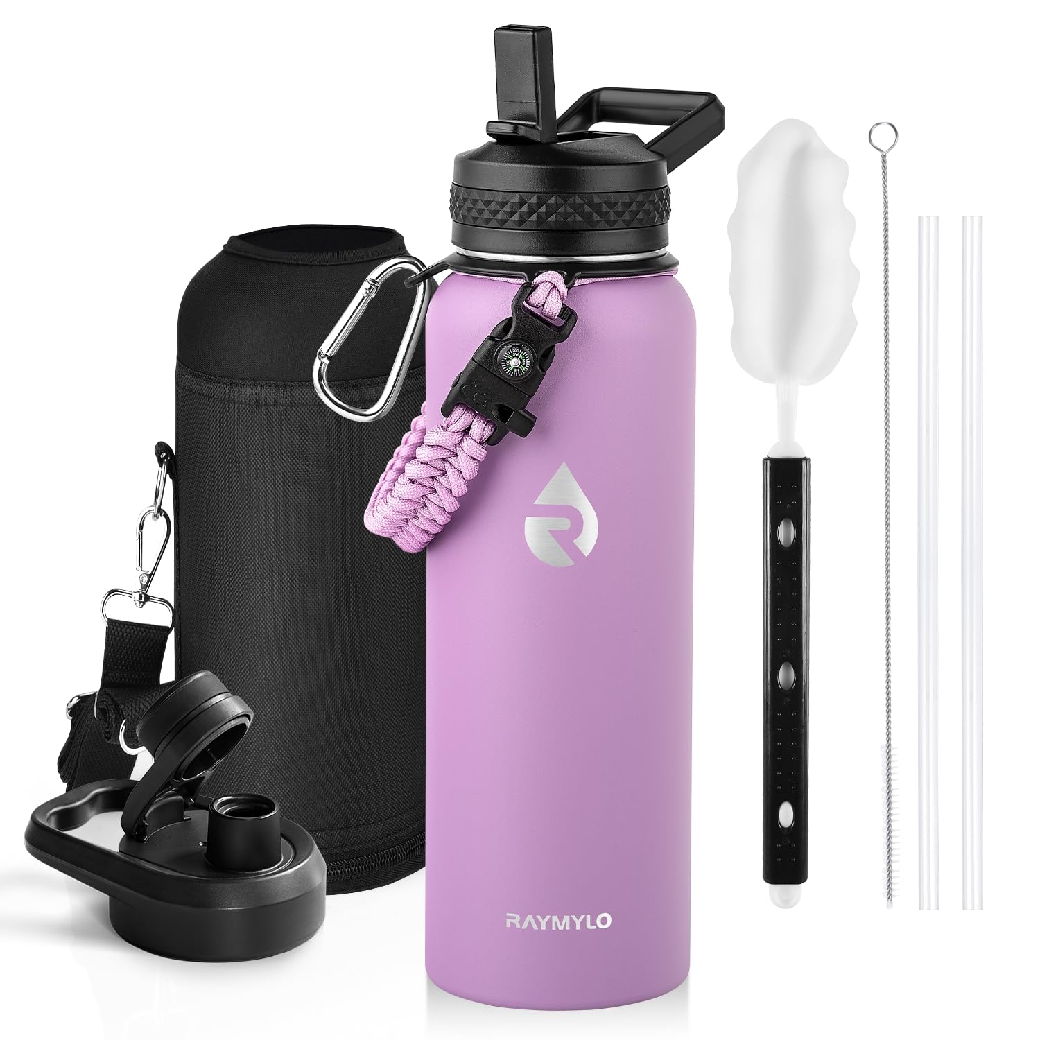 Insulated Water Bottle 64 oz, Triple Wall Vacuum Stainless Steel (Cold for 48 Hrs), Leak Proof & Non-BPA, Half Gallon Water Flask Jug with Paracord Handle & Straw Spout Lids