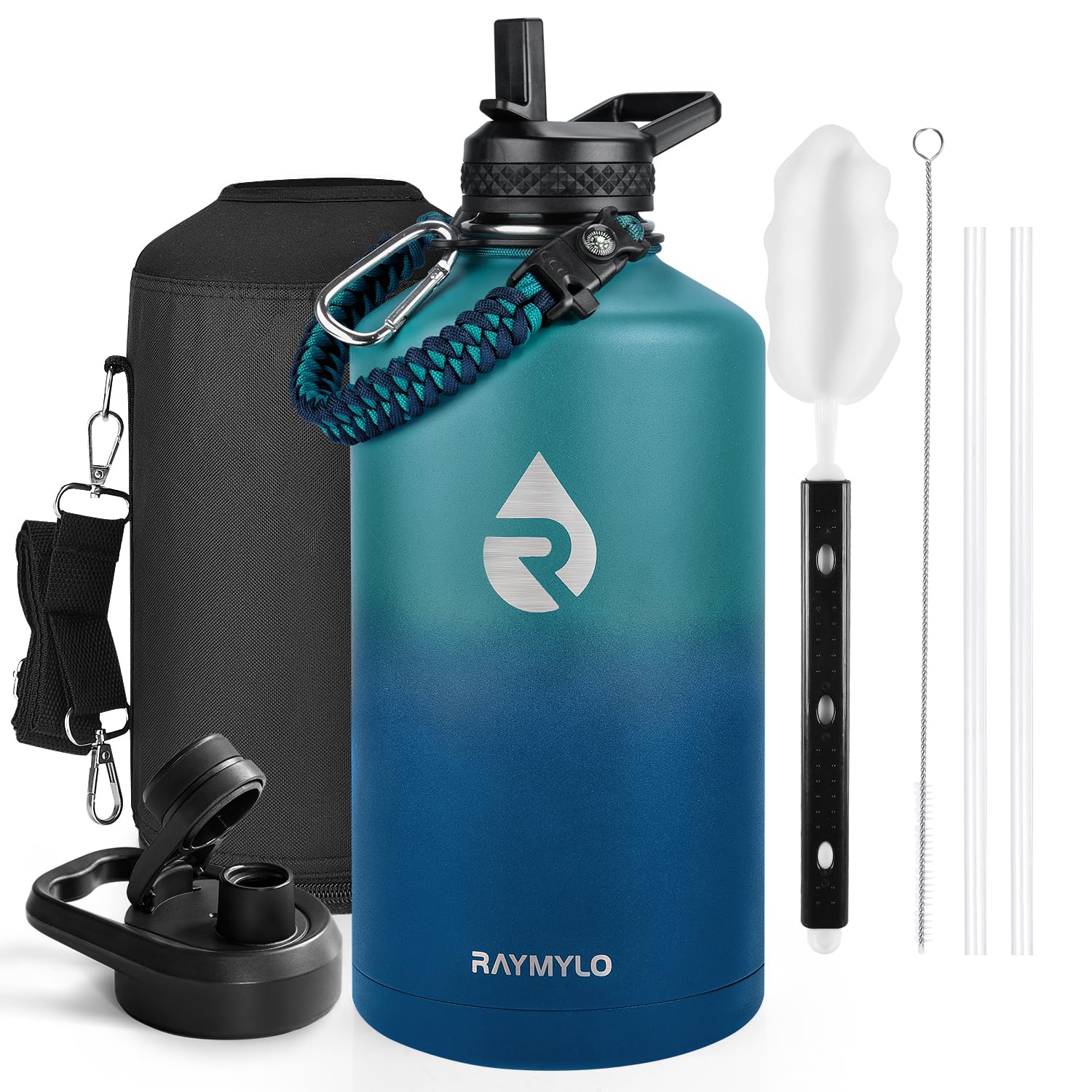 Insulated Water Bottle 64 oz, Triple Wall Vacuum Stainless Steel (Cold for 48 Hrs), Leak Proof & Non-BPA, Half Gallon Water Flask Jug with Paracord Handle & Straw Spout Lids