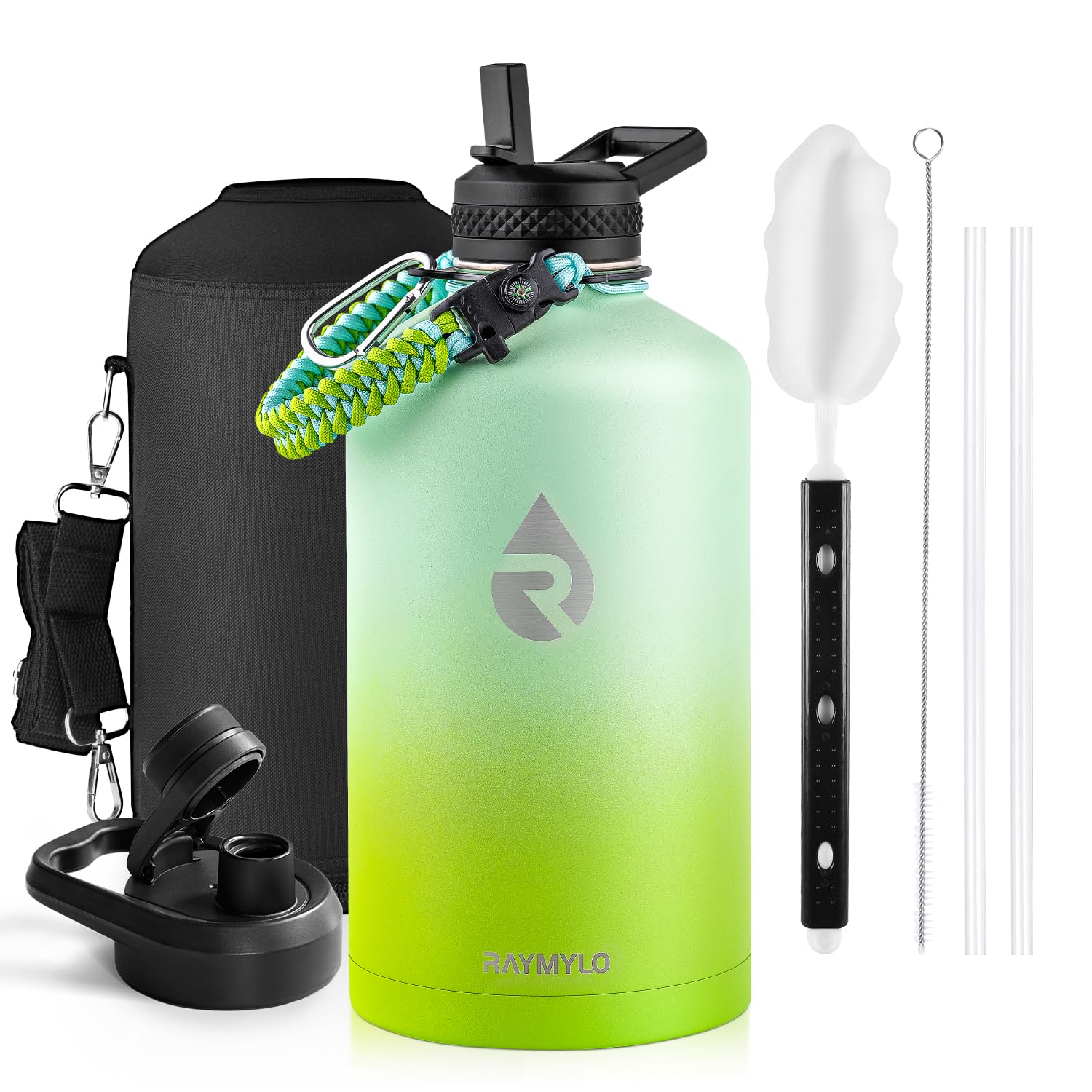 Insulated Water Bottle 64 oz, Triple Wall Vacuum Stainless Steel (Cold for 48 Hrs), Leak Proof & Non-BPA, Half Gallon Water Flask Jug with Paracord Handle & Straw Spout Lids