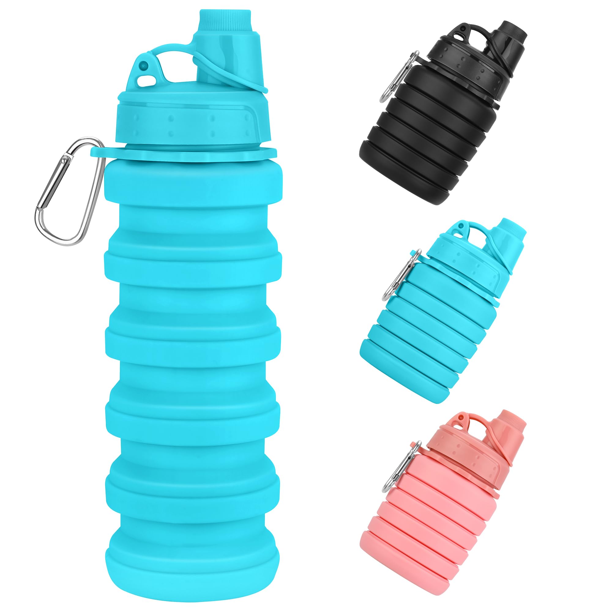 Collapsible Water Bottles 17oz, Portable Leak-Proof Travel Water Bottle, Reusable BPA Free Silicone Foldable Water Bottle with Carabiner for Gym, Traveling, Camping, Hiking, Sports(Black+Blue)