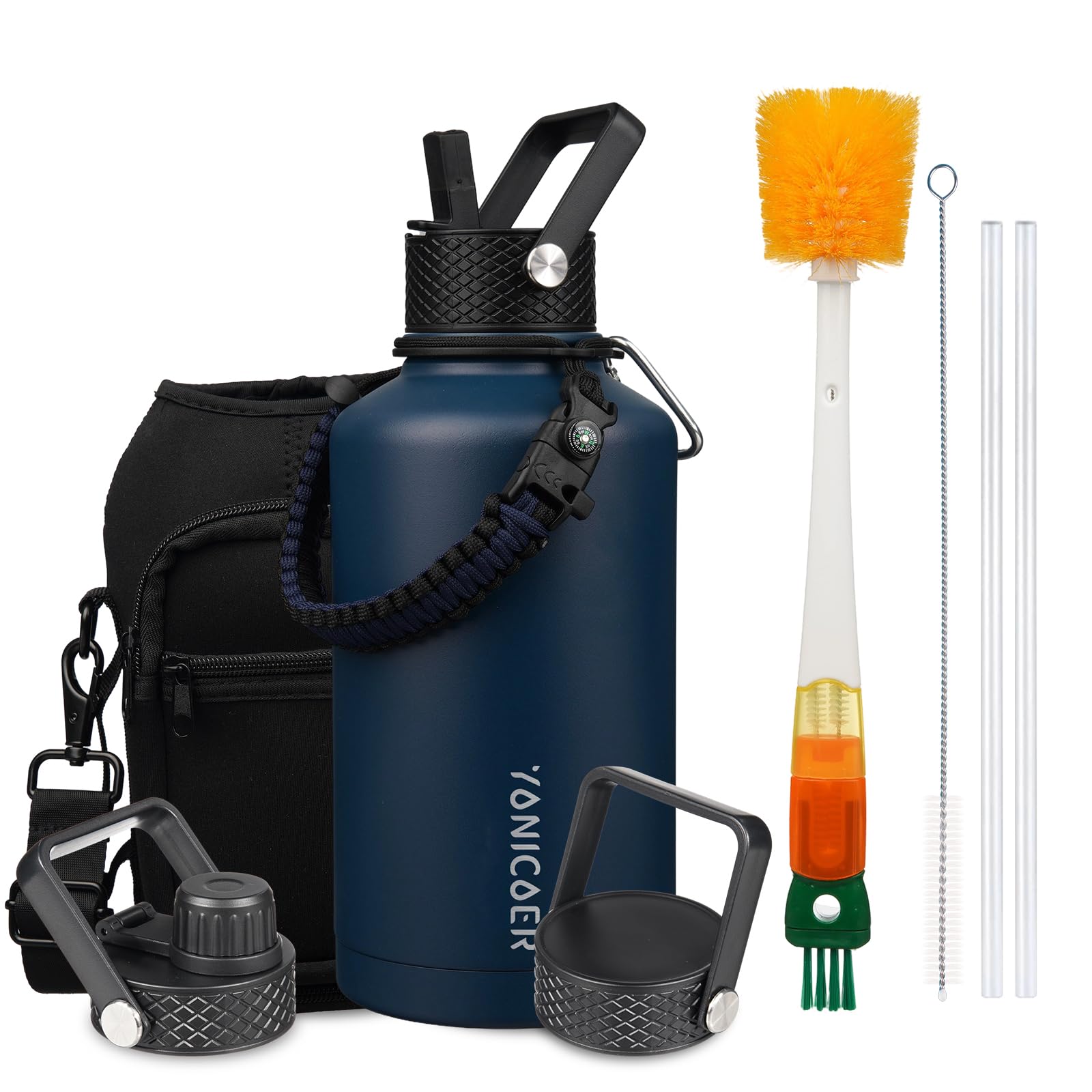 Insulated Water Bottle 128oz,Triple Wall Vacuum Stainless Steel(Dishwasher Safe),Leak Proof & Non-BPA,Flask Jug with Paracord Handle & Straw Spout Lids Sports Green
