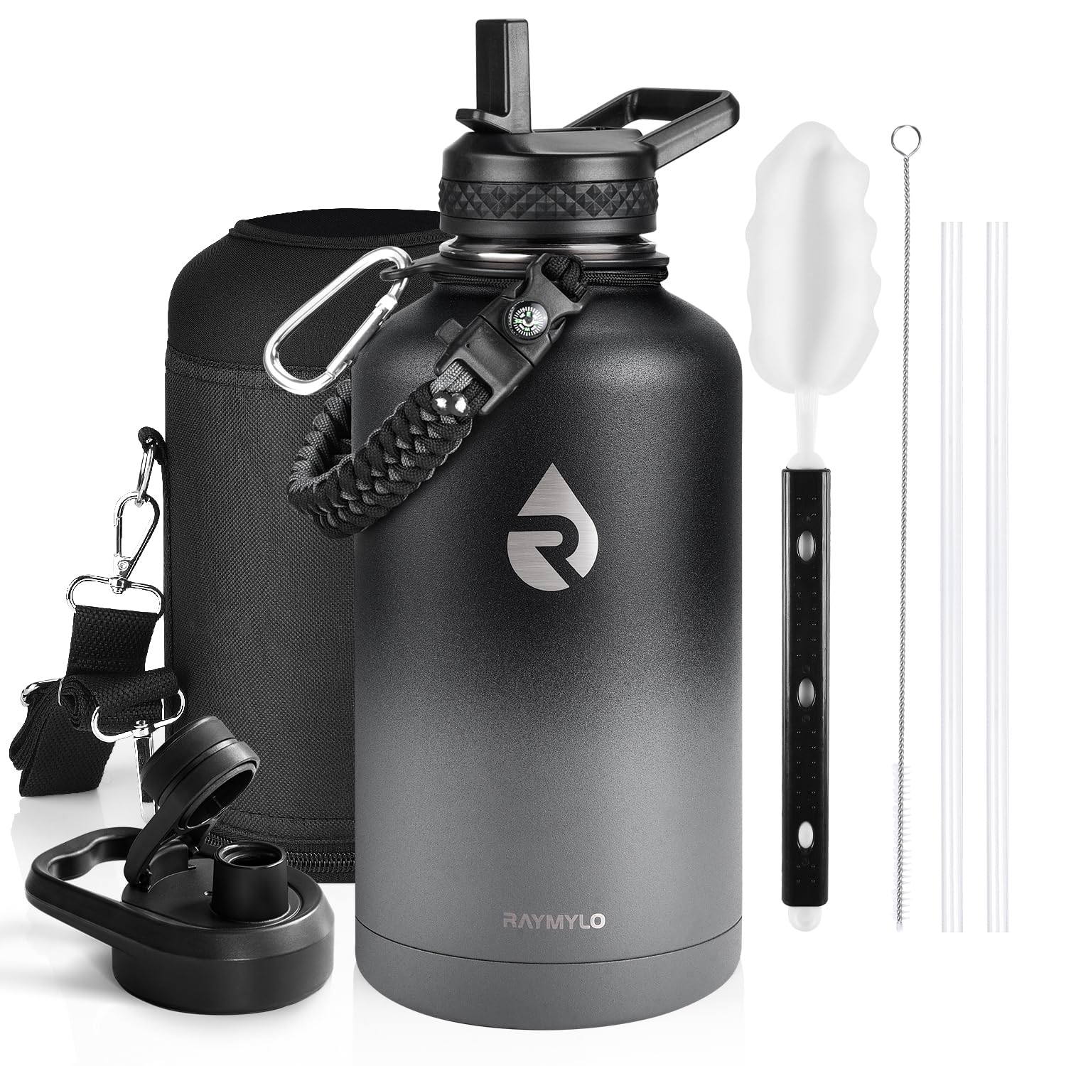 Insulated Water Bottle 64 oz, Triple Wall Vacuum Stainless Steel (Cold for 48 Hrs), Leak Proof & Non-BPA, Half Gallon Water Flask Jug with Paracord Handle & Straw Spout Lids