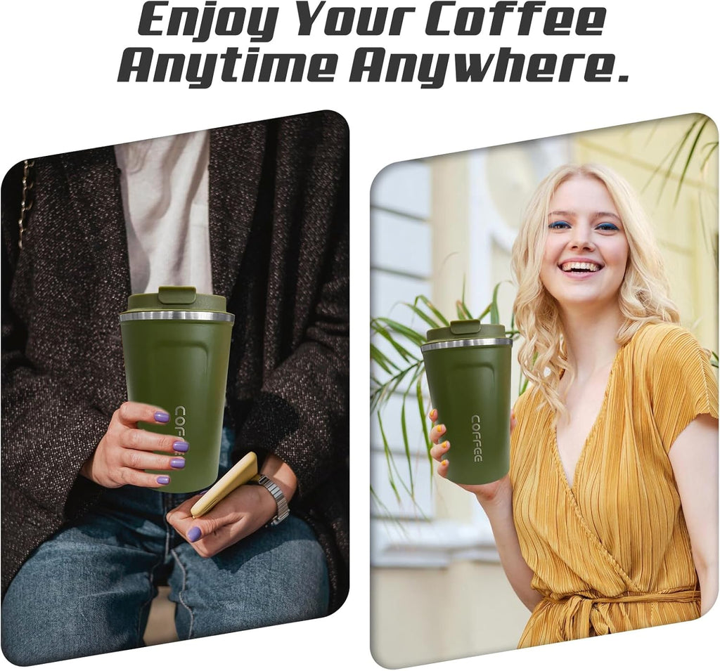 Travel coffee mugs leak-proof, reusable coffee cups with lids, stainless steel vacuum insulated coffee tumblers, thermal insulation cups for men & women keep drinks hot & cold(2nd-Green, 12OZ)