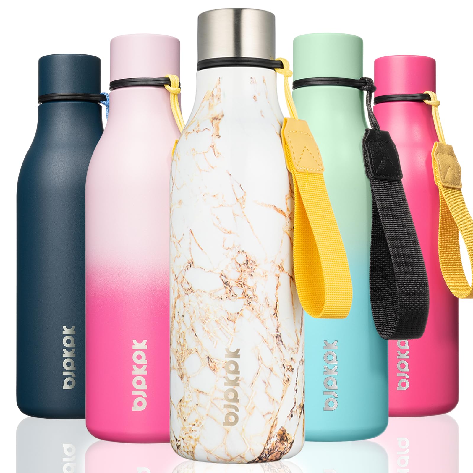 BJPKPK Insulated Water Bottles, 18 oz Stainless Steel Metal Water Bottle with Strap, BPA Free Leak Proof Jugs, Mugs, Flasks, Reusable Thermal Flasks for Sports& Travel, Blossom