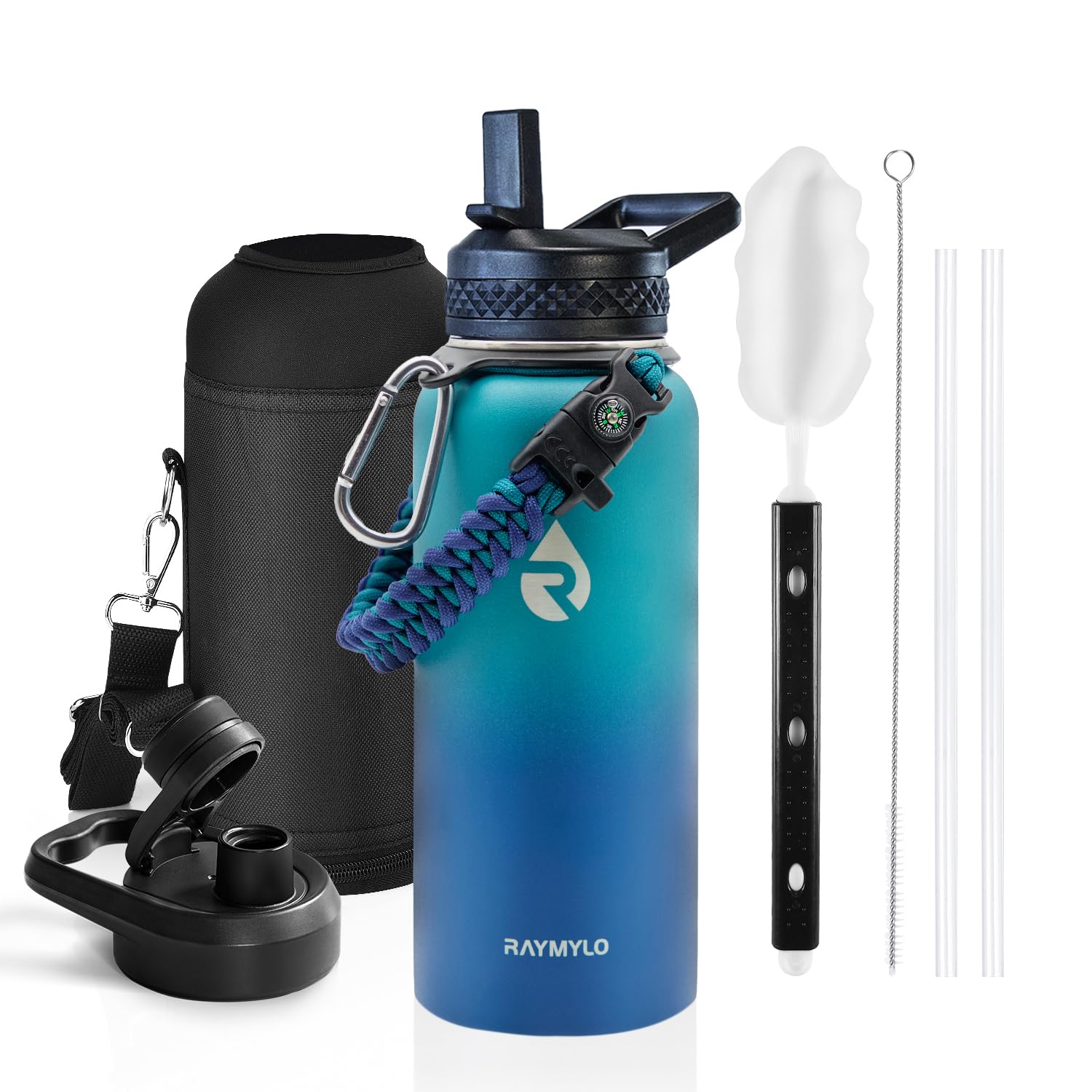 Insulated Water Bottle 64 oz, Triple Wall Vacuum Stainless Steel (Cold for 48 Hrs), Leak Proof & Non-BPA, Half Gallon Water Flask Jug with Paracord Handle & Straw Spout Lids