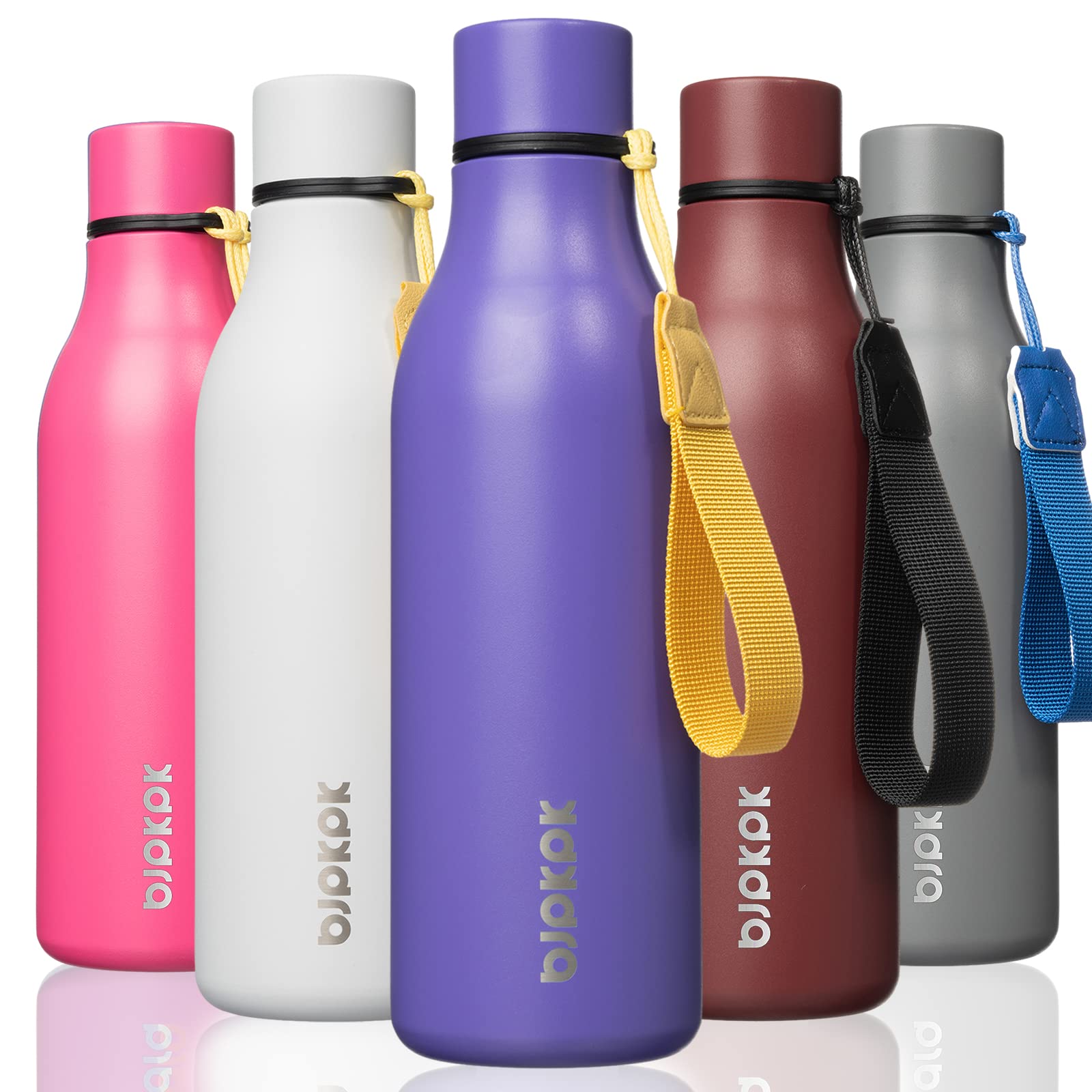 BJPKPK Insulated Water Bottles, 18 oz Stainless Steel Metal Water Bottle with Strap, BPA Free Leak Proof Jugs, Mugs, Flasks, Reusable Thermal Flasks for Sports& Travel, Blossom
