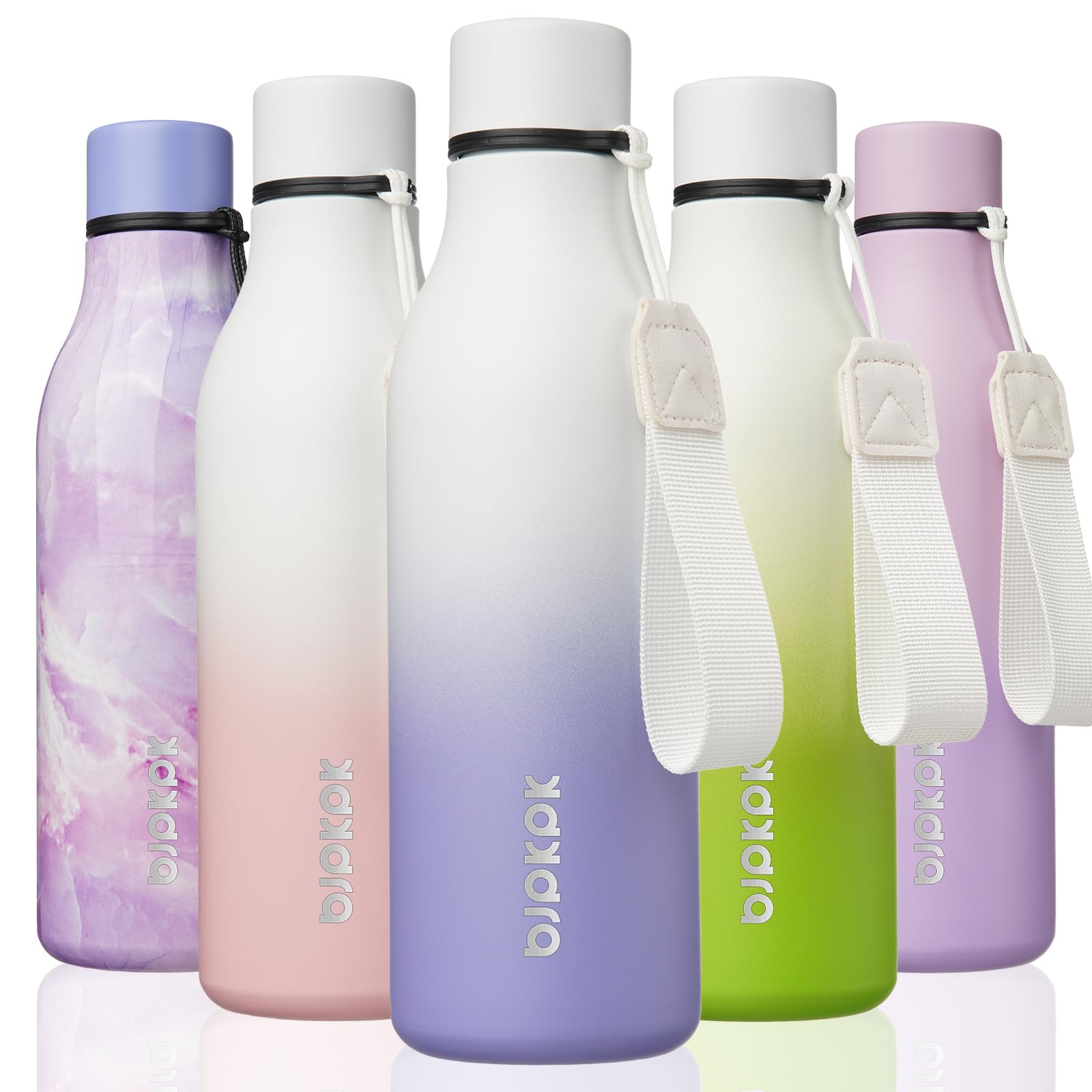 BJPKPK Insulated Water Bottles, 18 oz Stainless Steel Metal Water Bottle with Strap, BPA Free Leak Proof Jugs, Mugs, Flasks, Reusable Thermal Flasks for Sports& Travel, Blossom