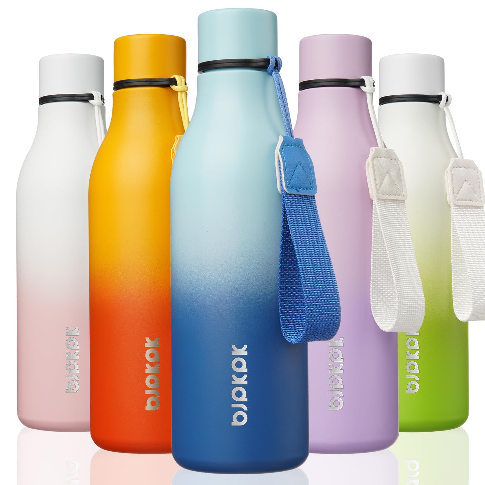 BJPKPK Insulated Water Bottles, 18 oz Stainless Steel Metal Water Bottle with Strap, BPA Free Leak Proof Jugs, Mugs, Flasks, Reusable Thermal Flasks for Sports& Travel, Blossom