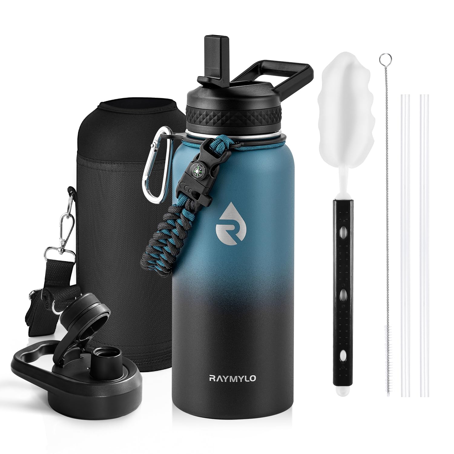 Insulated Water Bottle 64 oz, Triple Wall Vacuum Stainless Steel (Cold for 48 Hrs), Leak Proof & Non-BPA, Half Gallon Water Flask Jug with Paracord Handle & Straw Spout Lids