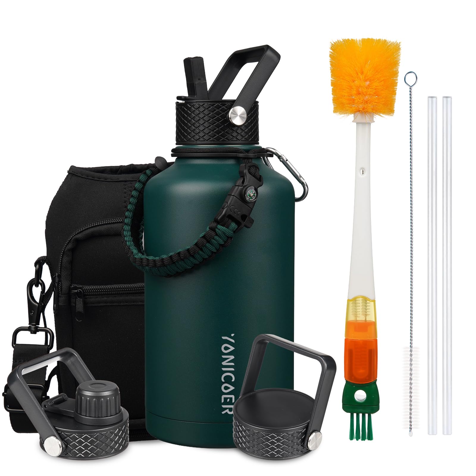 Insulated Water Bottle 128oz,Triple Wall Vacuum Stainless Steel(Dishwasher Safe),Leak Proof & Non-BPA,Flask Jug with Paracord Handle & Straw Spout Lids Sports Green
