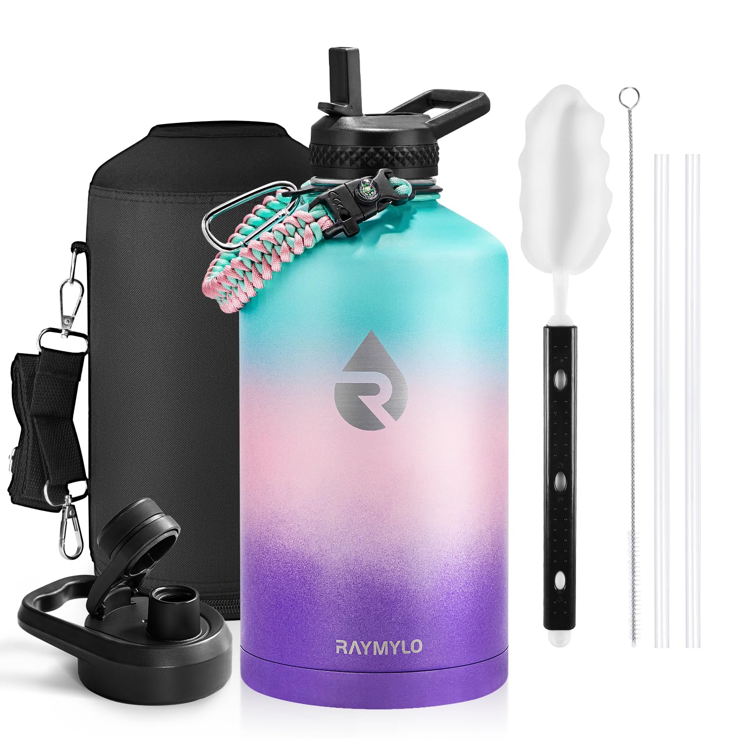 Insulated Water Bottle 64 oz, Triple Wall Vacuum Stainless Steel (Cold for 48 Hrs), Leak Proof & Non-BPA, Half Gallon Water Flask Jug with Paracord Handle & Straw Spout Lids